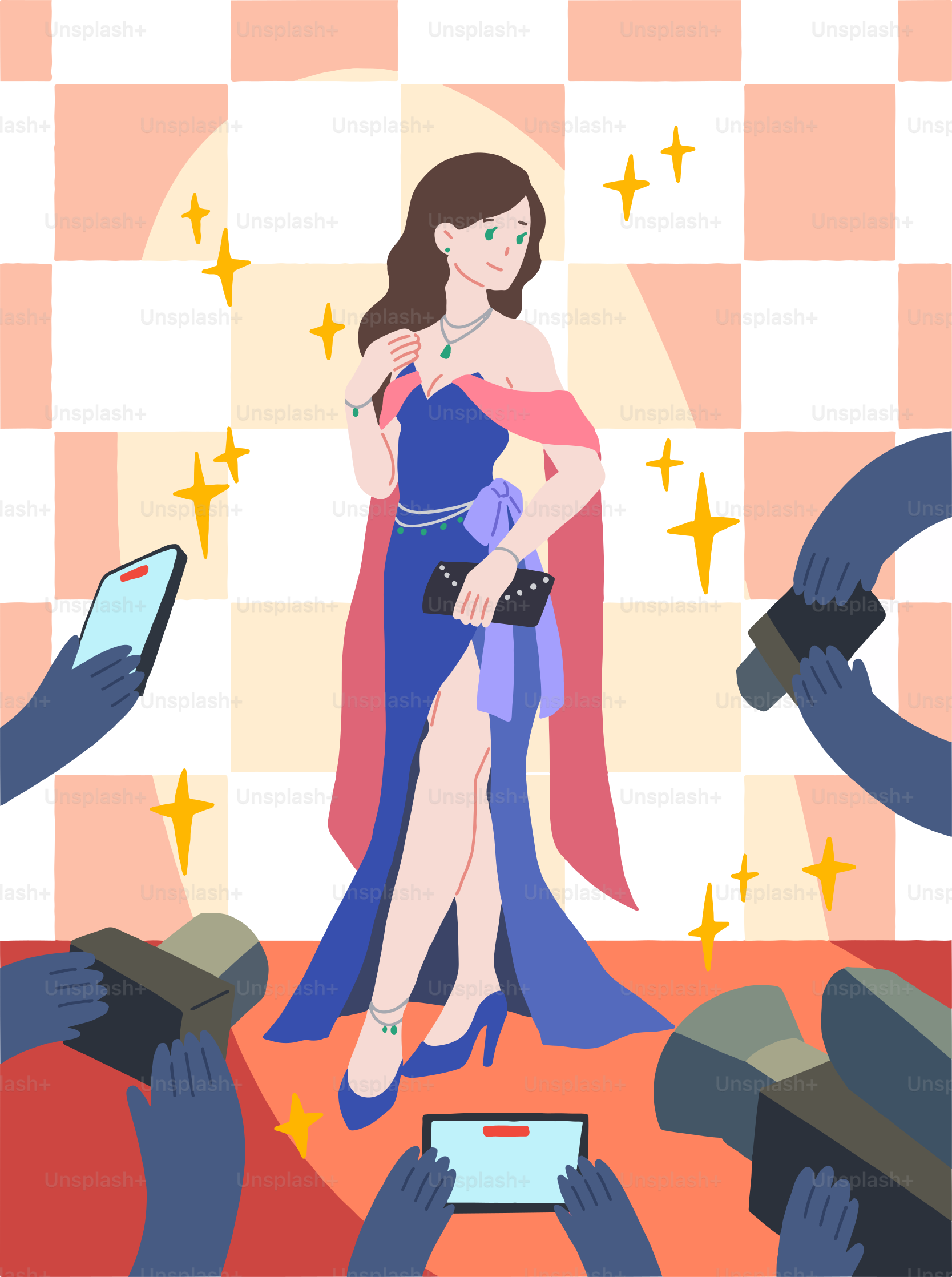 Una mujer con un vestido azul de pie frente a una multitud de personas