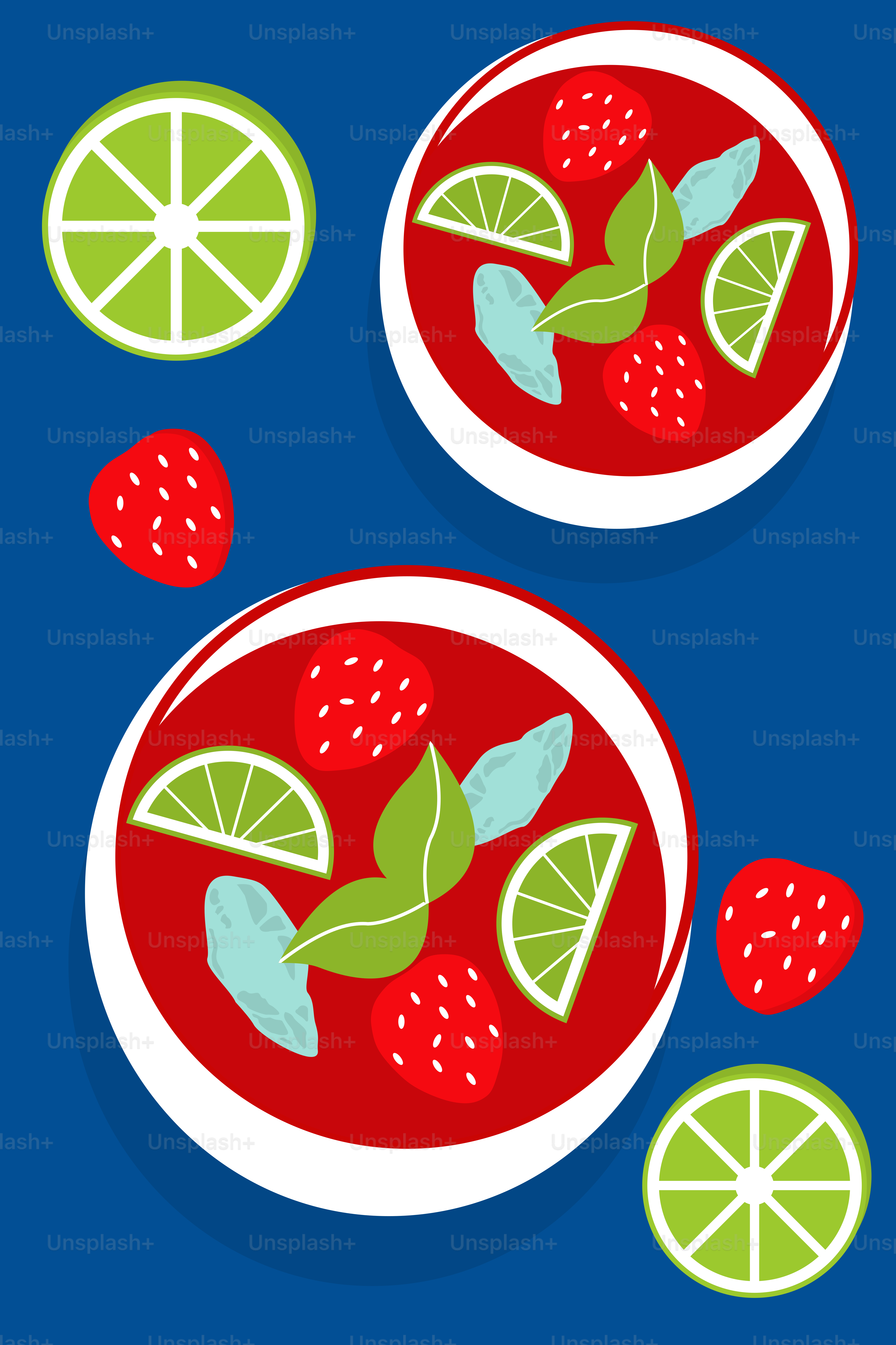 Two bowls of watermelon soup with limes and strawberries