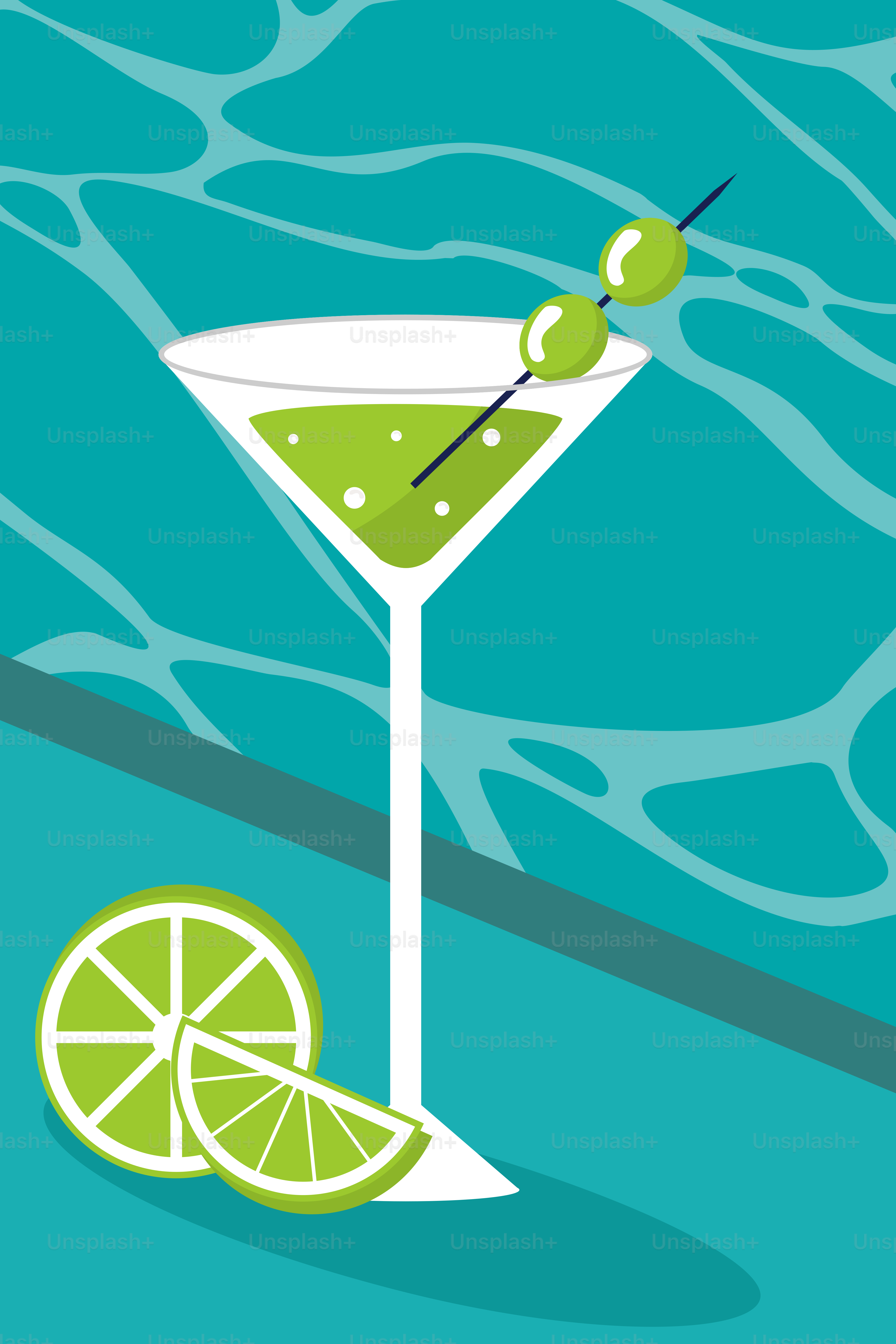 A martini glass with olives and a slice of lime