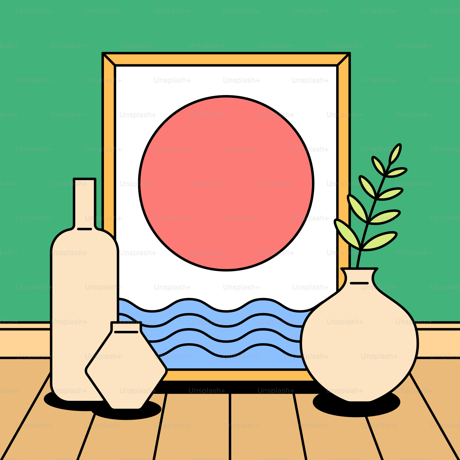 Two vases and a painting on a table