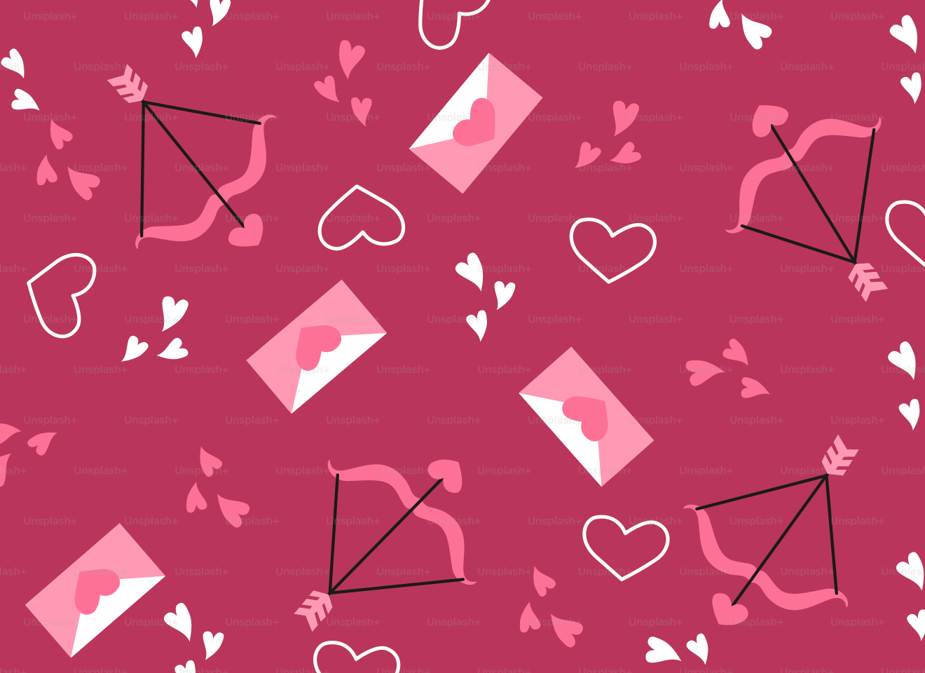 Ein Muster aus Herzen und Pfeilen auf rosa Hintergrund