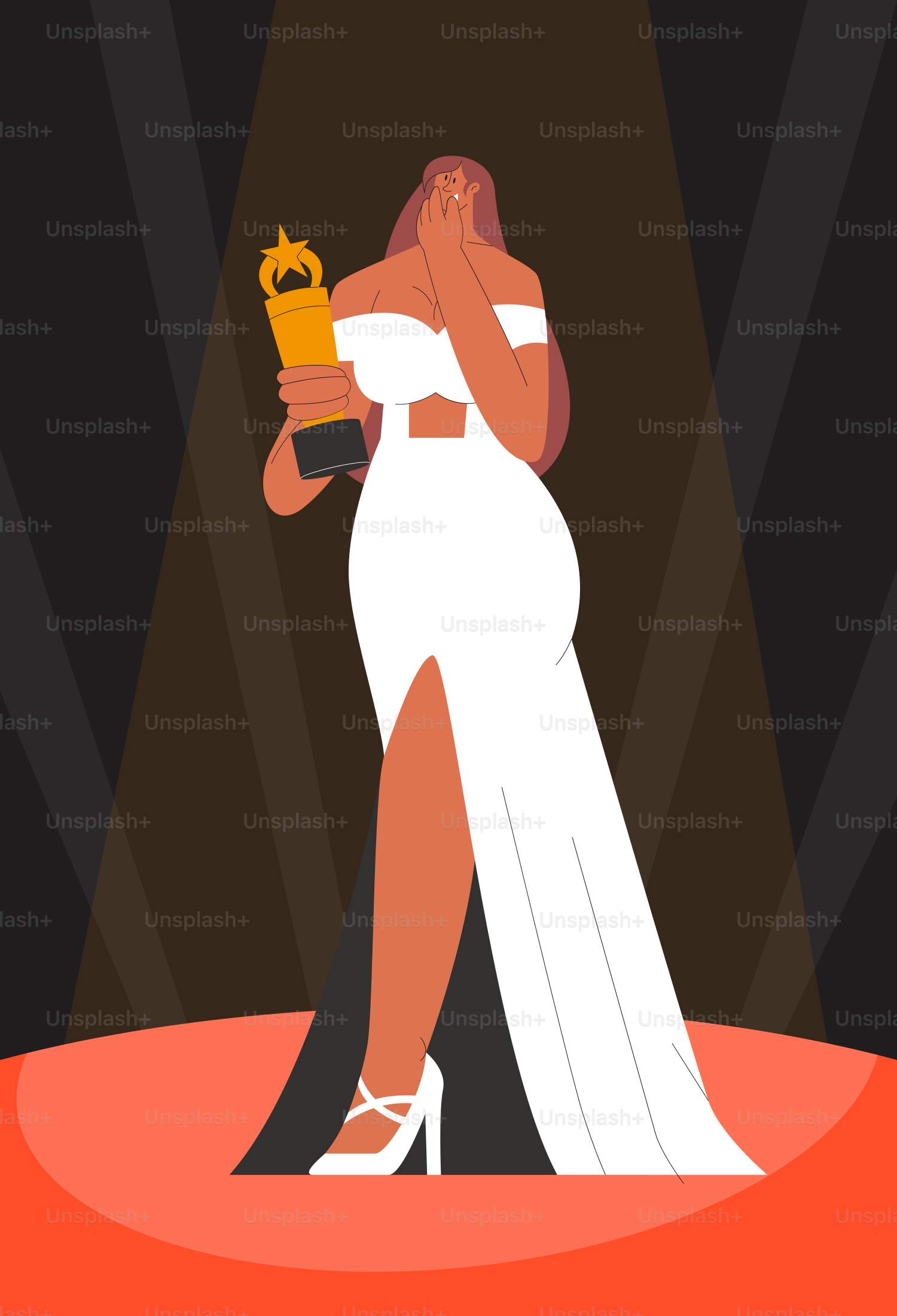 A woman in a white dress holding a trophy