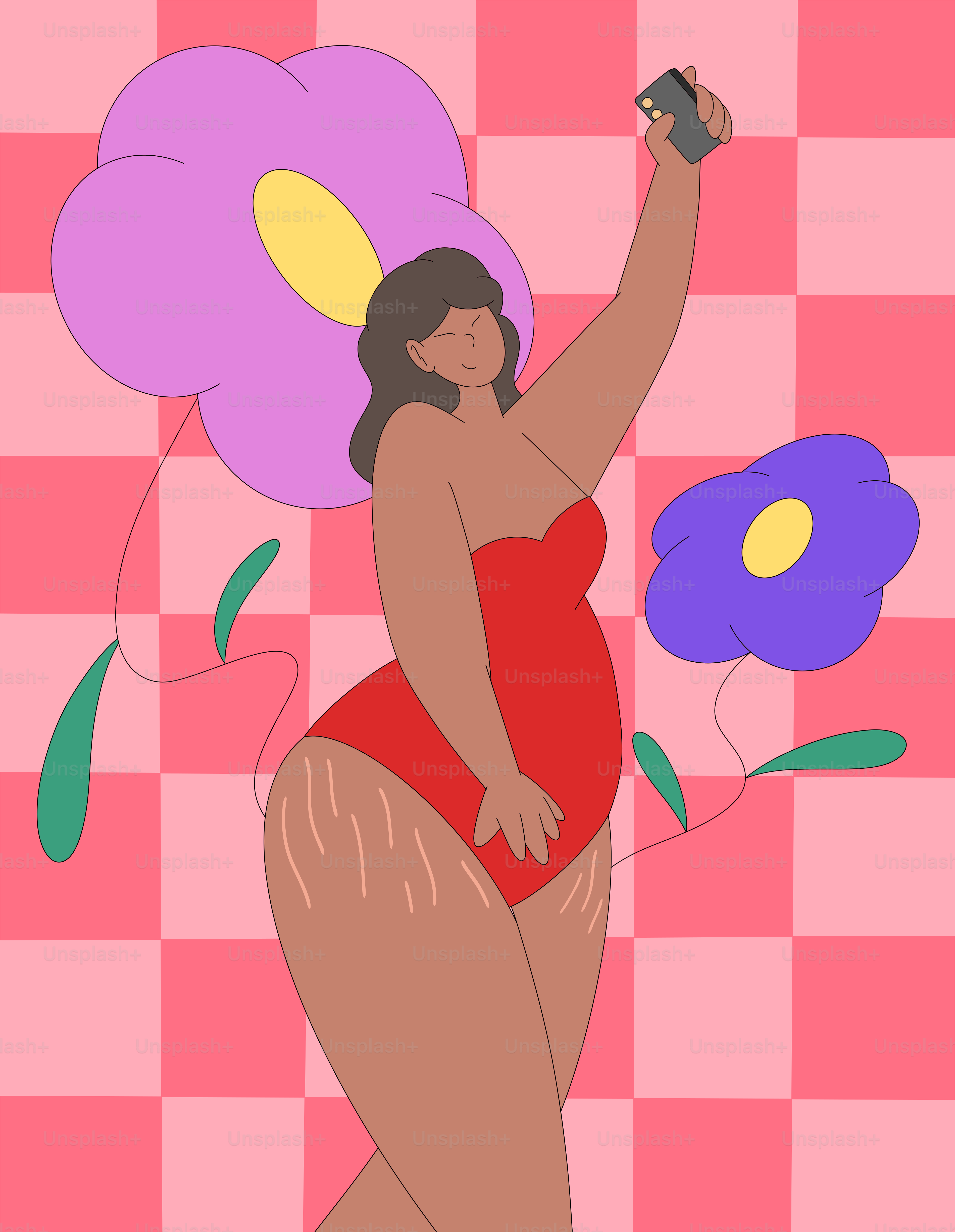 A woman in a red swimsuit holding a flower