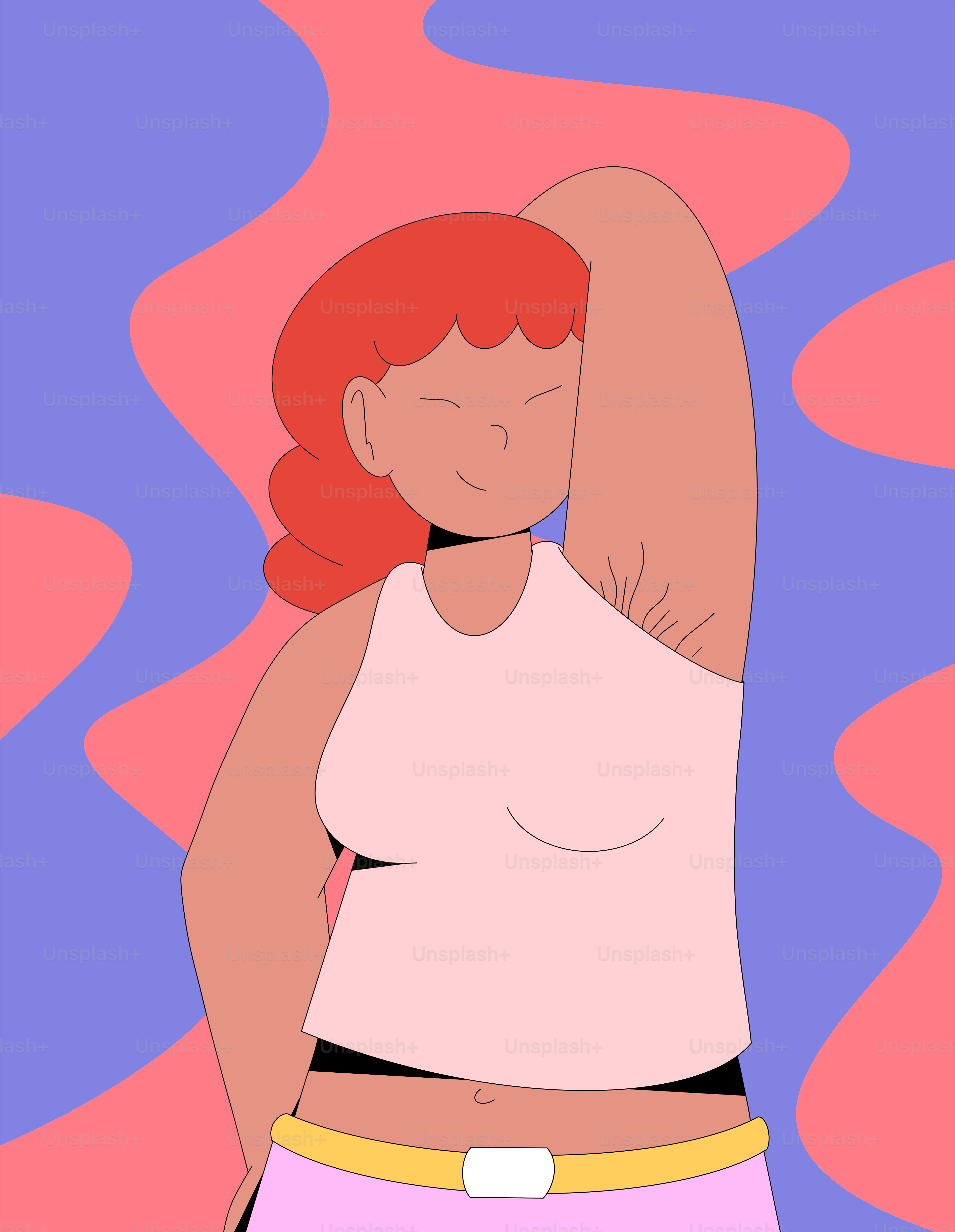A woman with red hair wearing a white top and pink shorts
