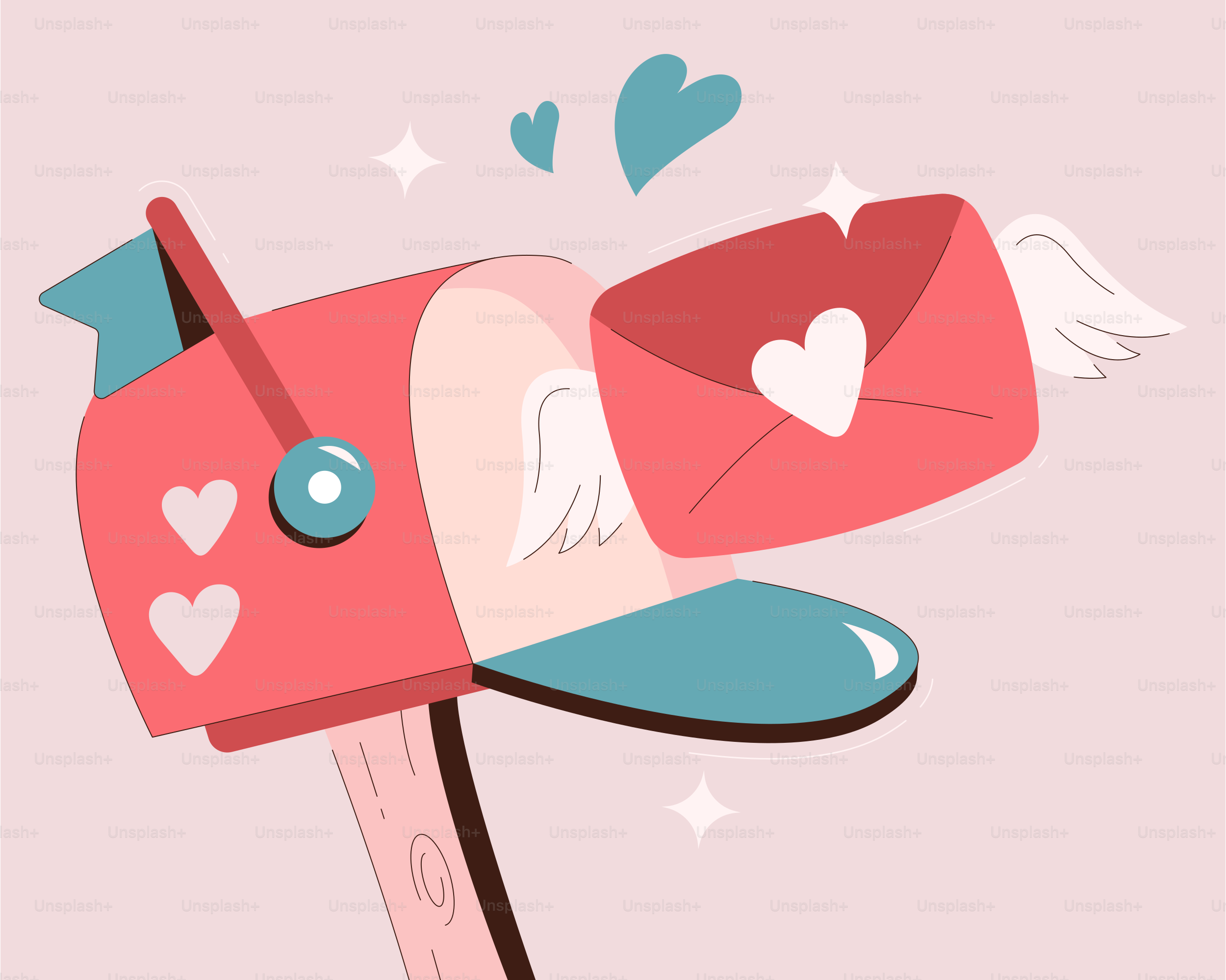 A pink and blue mailbox with hearts on it