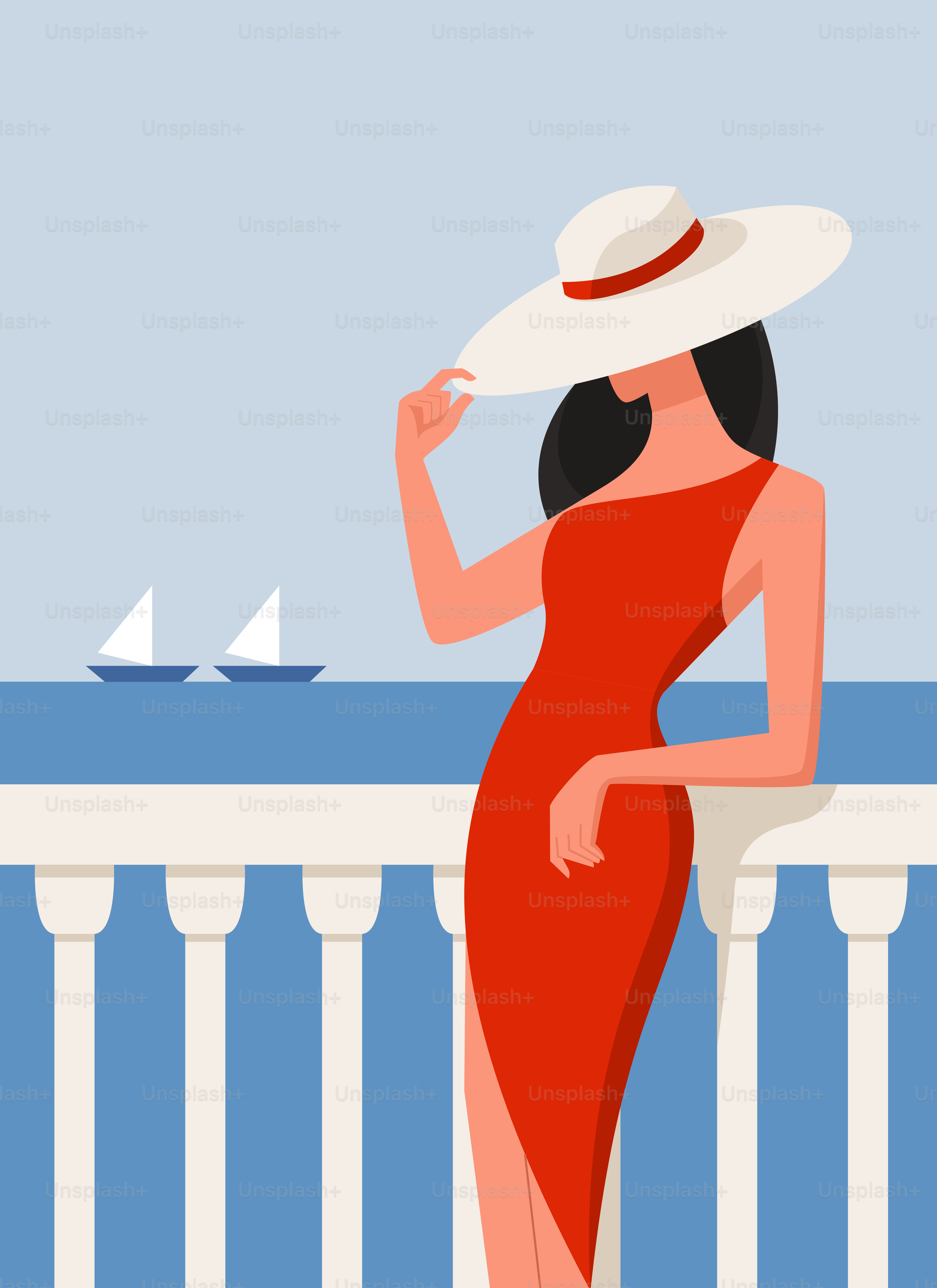 A woman in a red dress and hat standing on a balcony
