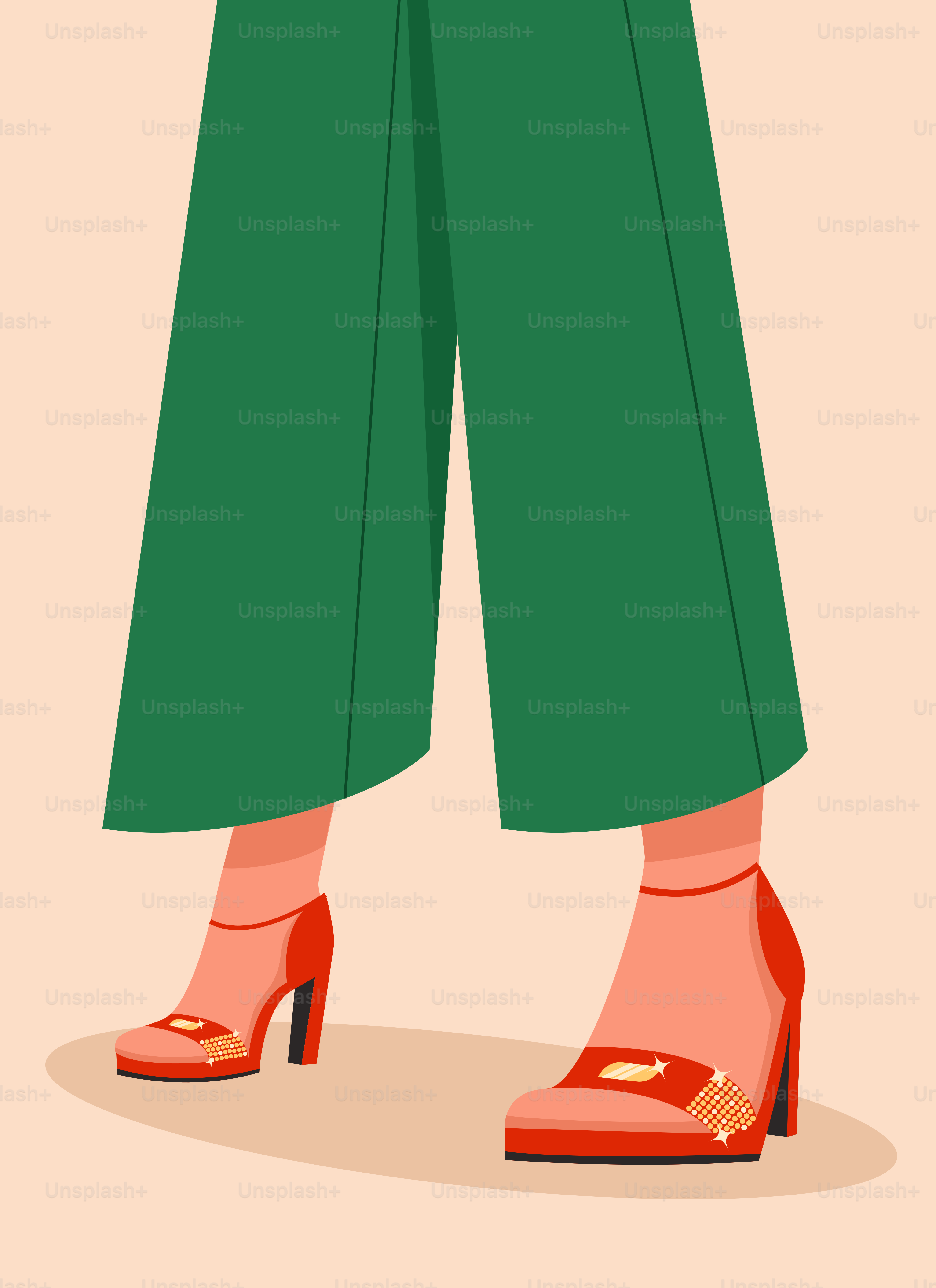 A woman in green pants and heels holding a cell phone