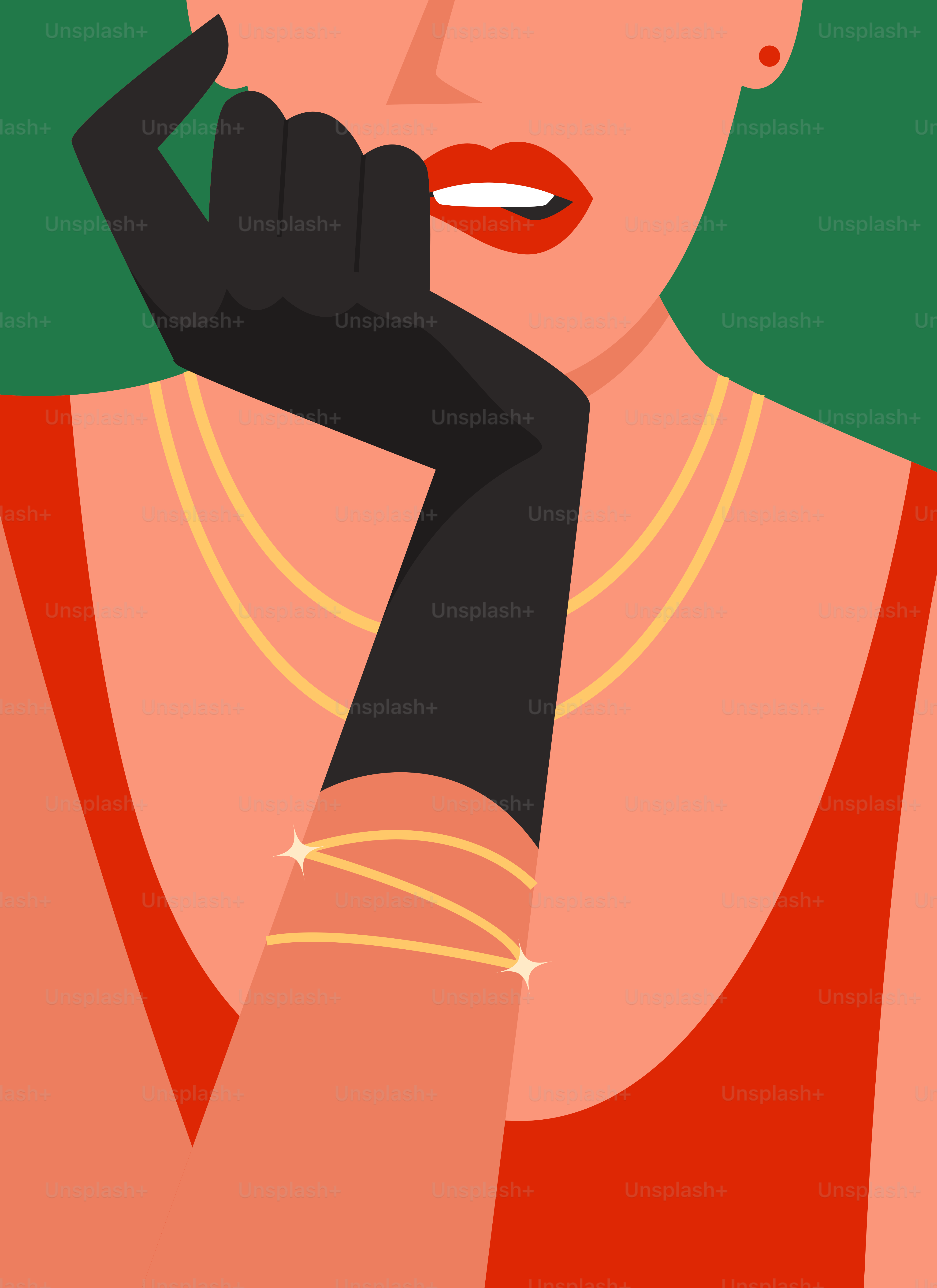 A woman wearing a red dress and black gloves