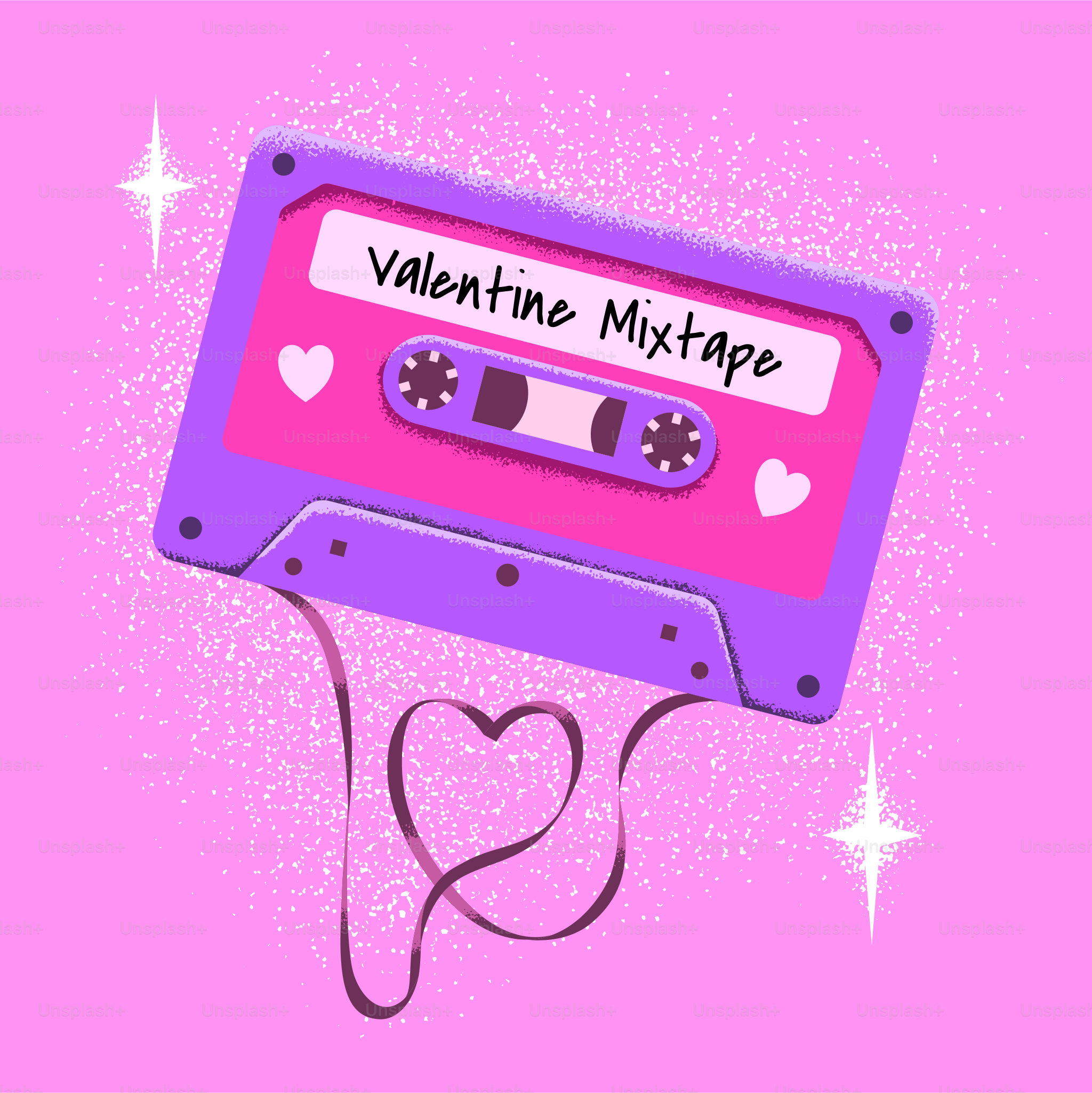 Eine pink-lila Kassette mit den Worten Valentine-Mixtape darauf