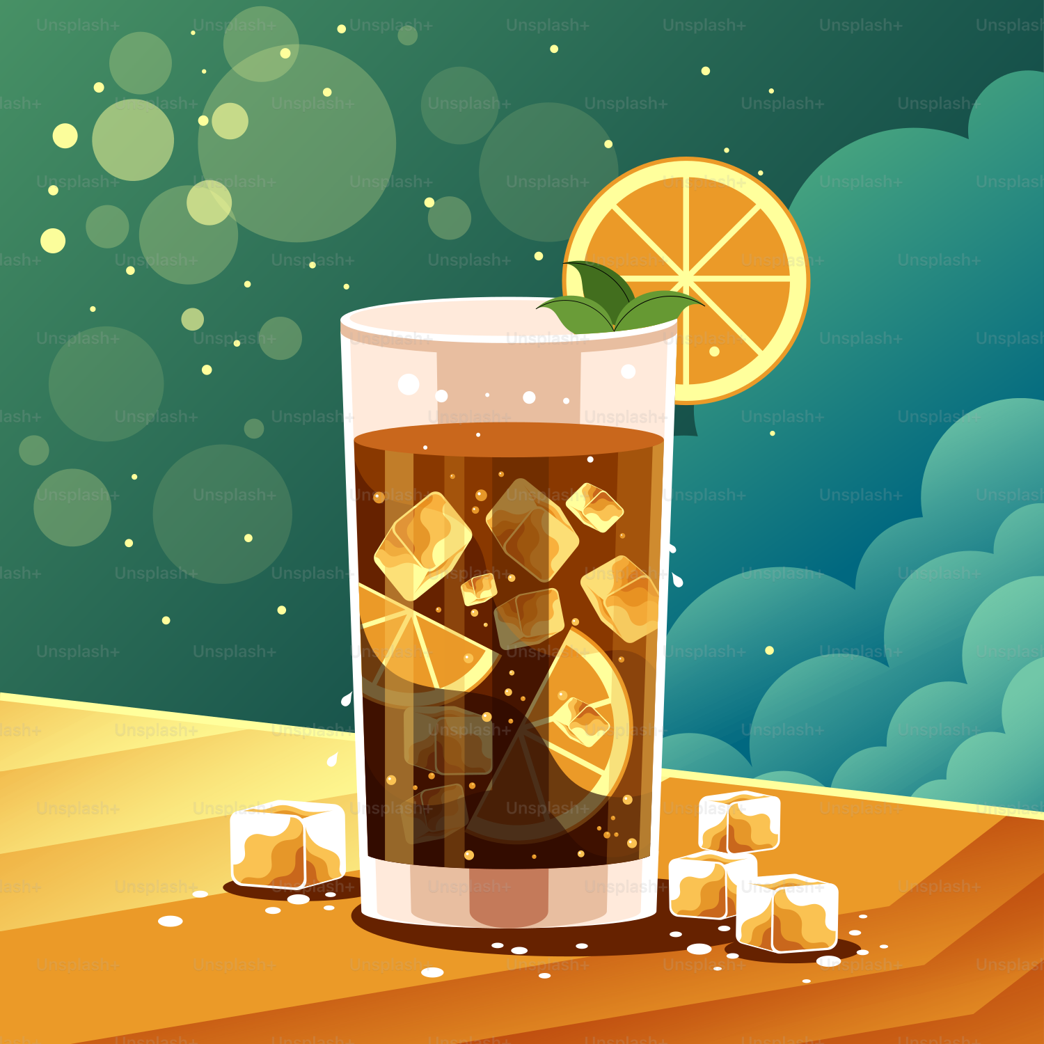 A glass of soda with ice cubes and a slice of orange