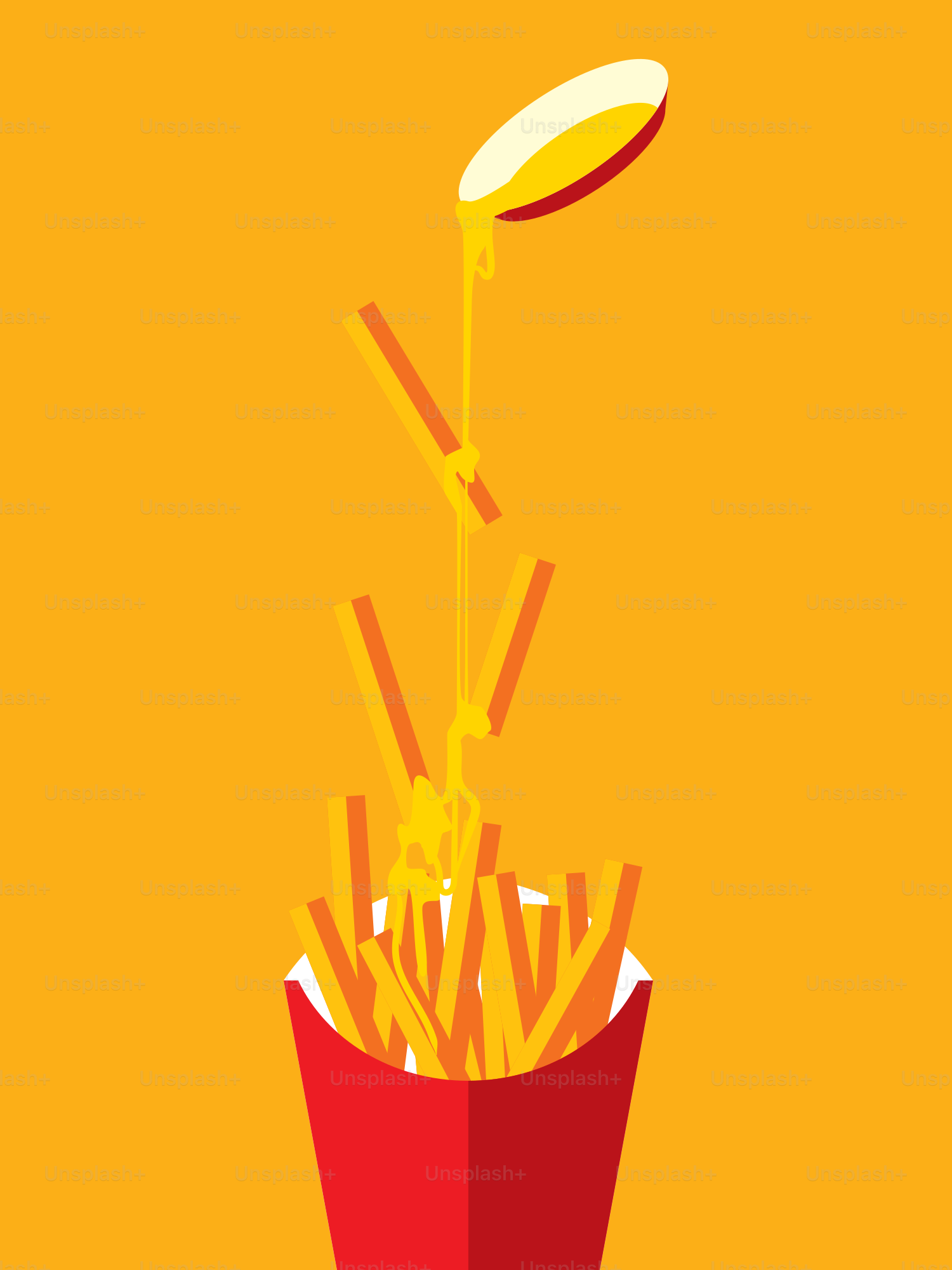 A red bucket filled with fries on top of a yellow background
