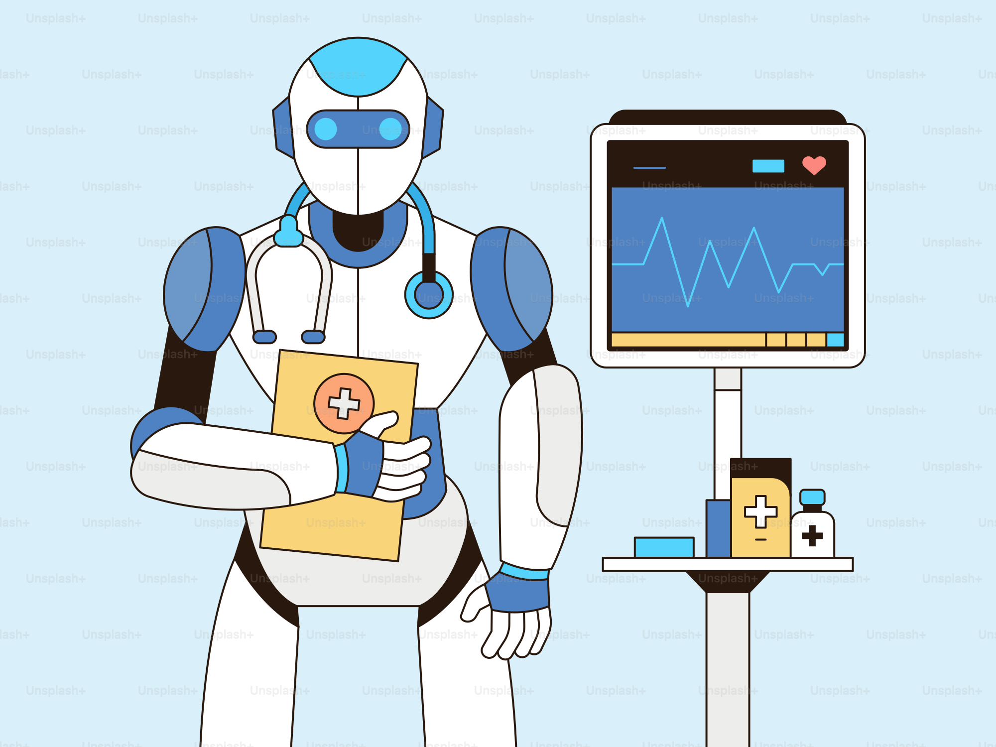 A robot holding a clipboard in front of a monitor