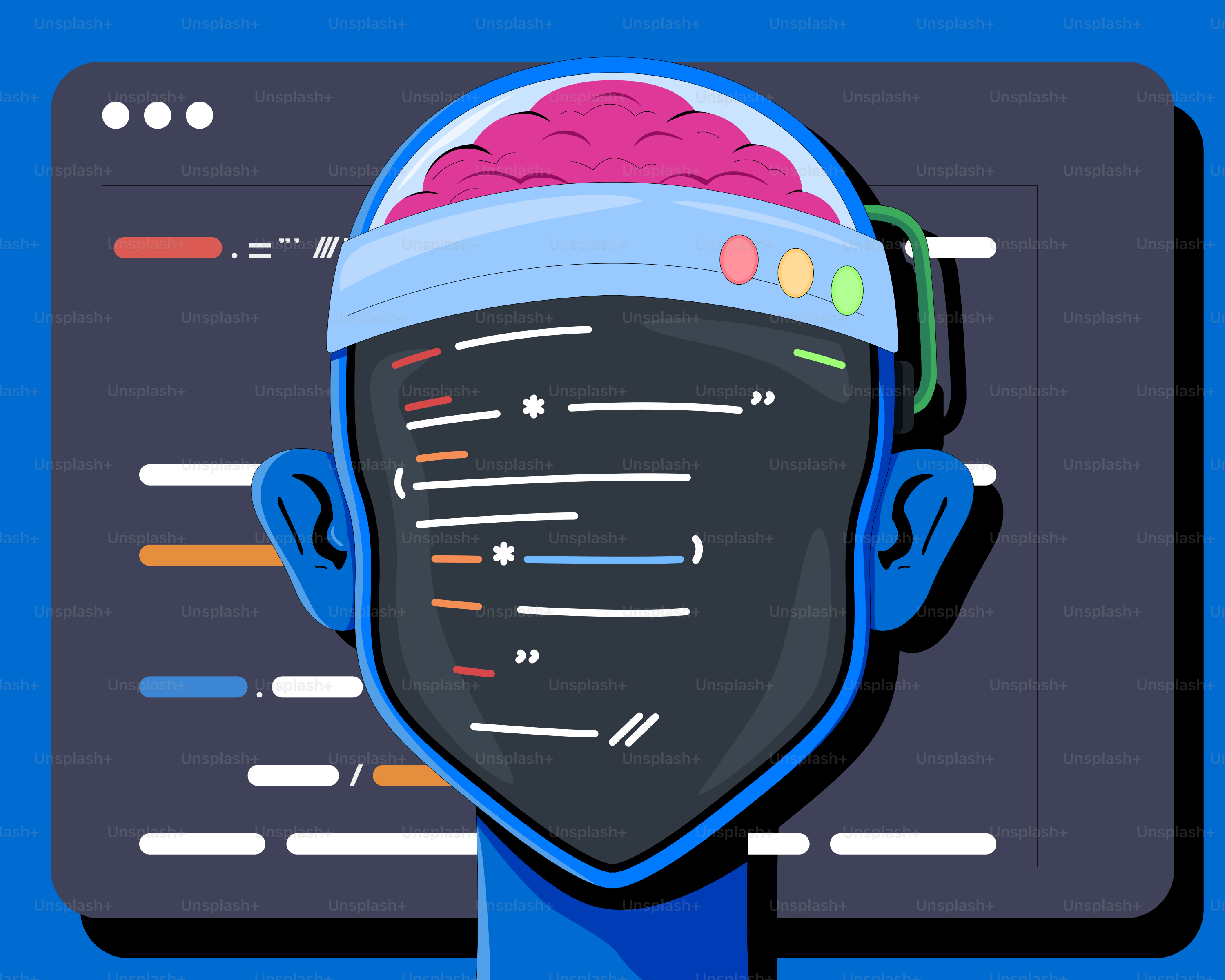 A graphic of a man's head with a computer screen in the background