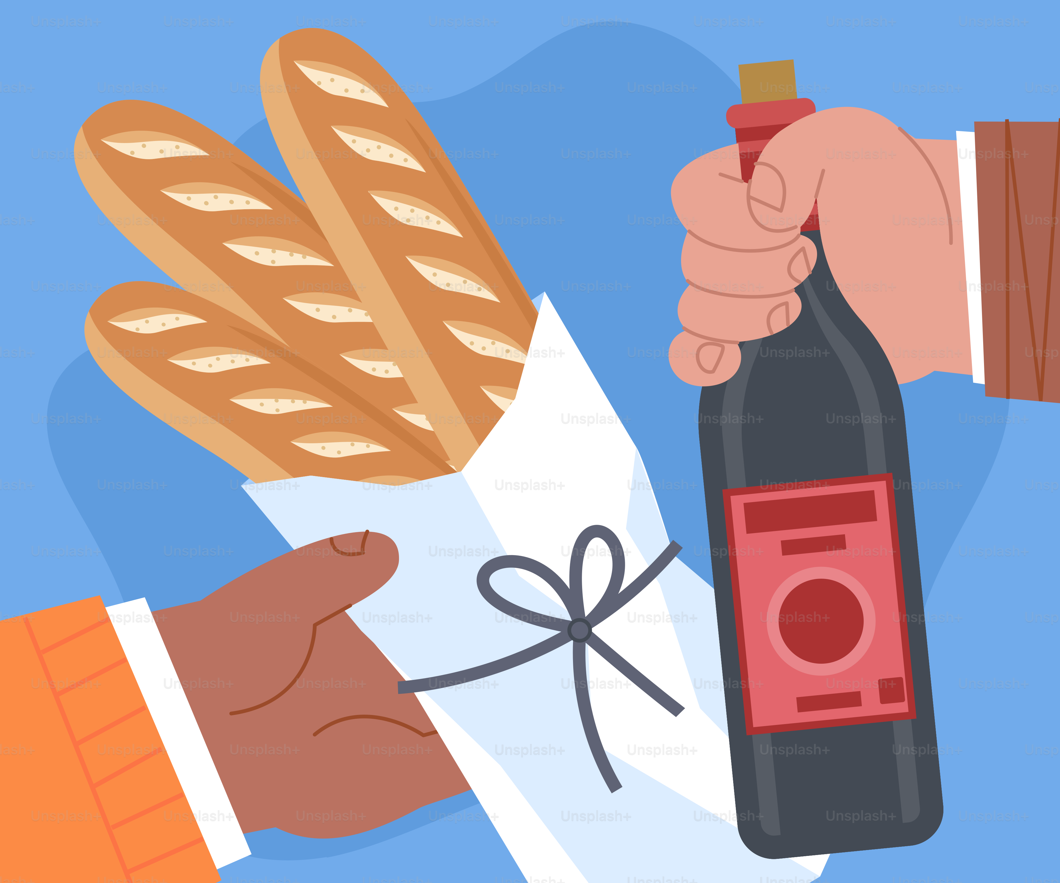 A person holding a bottle of wine and a bag of bread