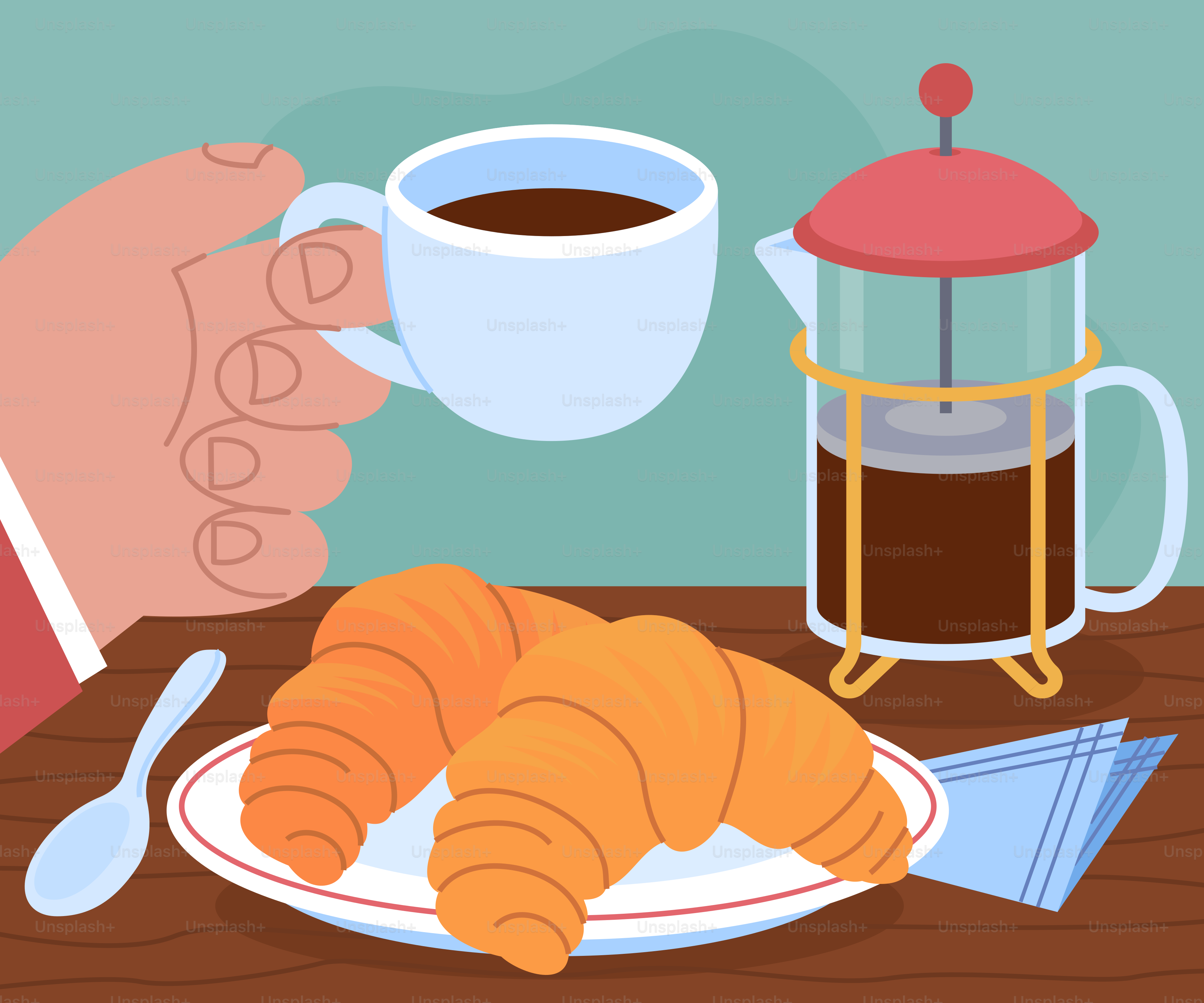 A person holding a plate of food next to a cup of coffee