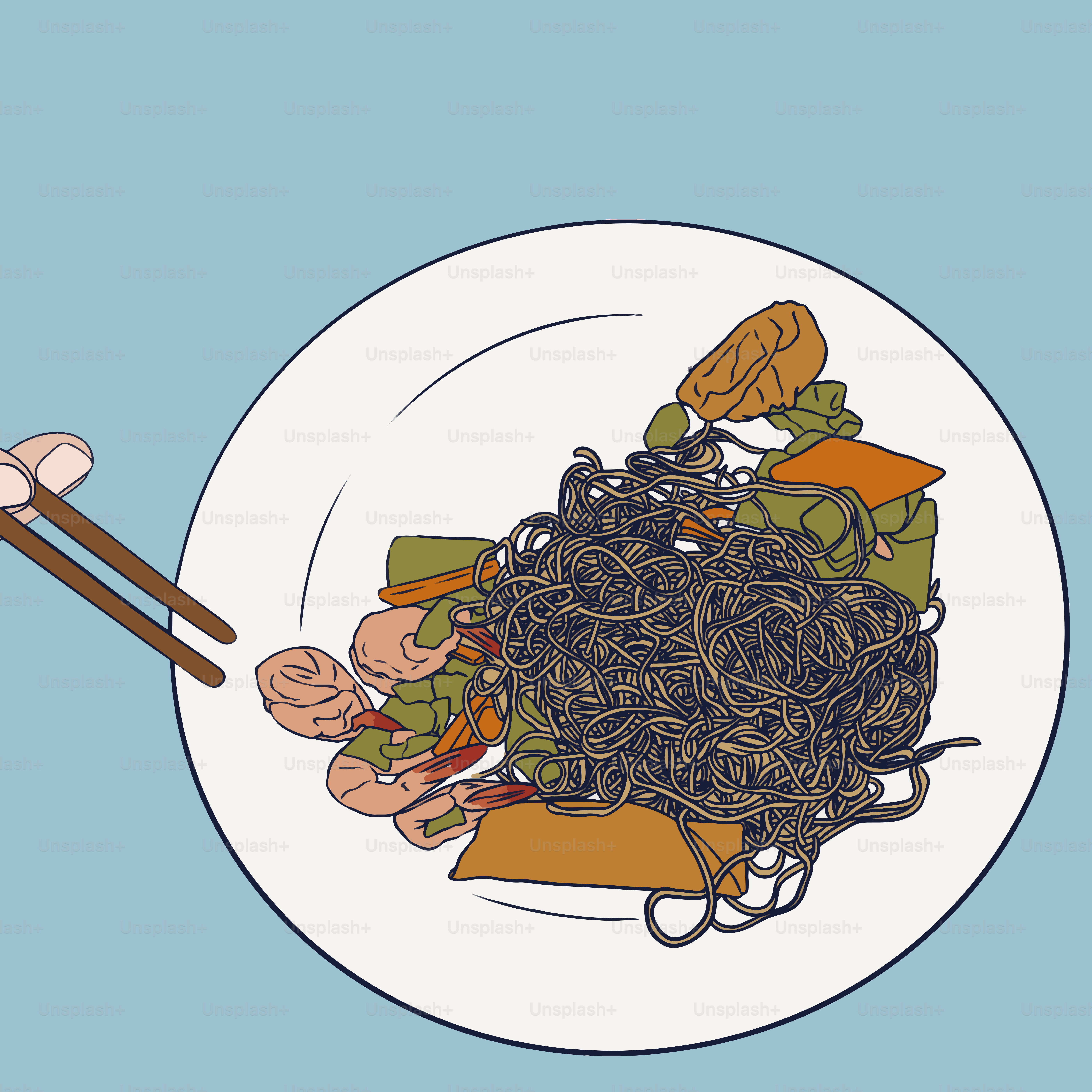 A plate of food with chopsticks and chopsticks sticking out of it