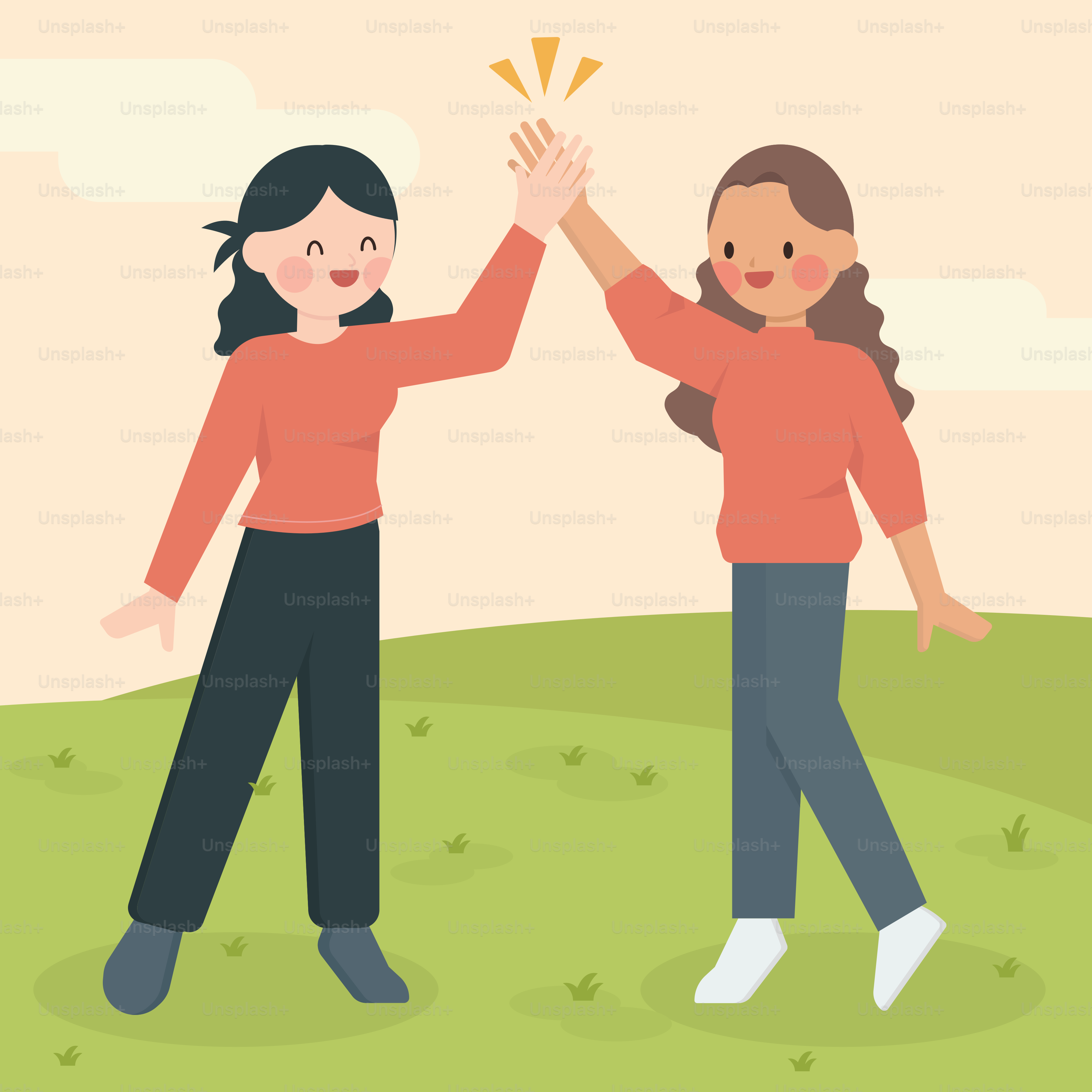 A couple of women standing on top of a lush green field