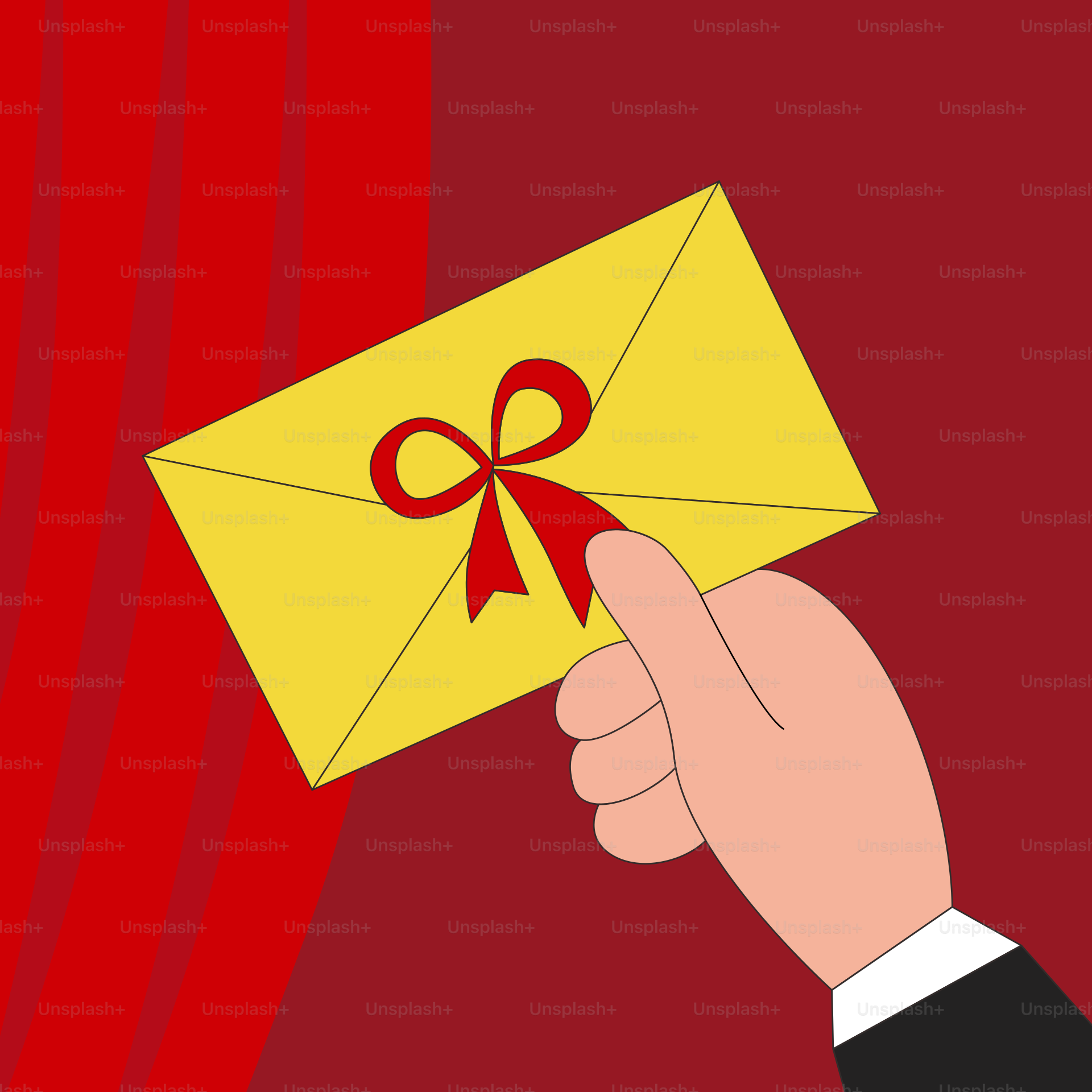 A hand holding a yellow envelope with a red bow