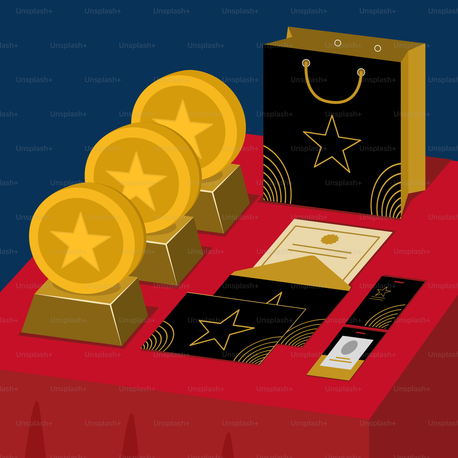 A red table topped with three gold stars