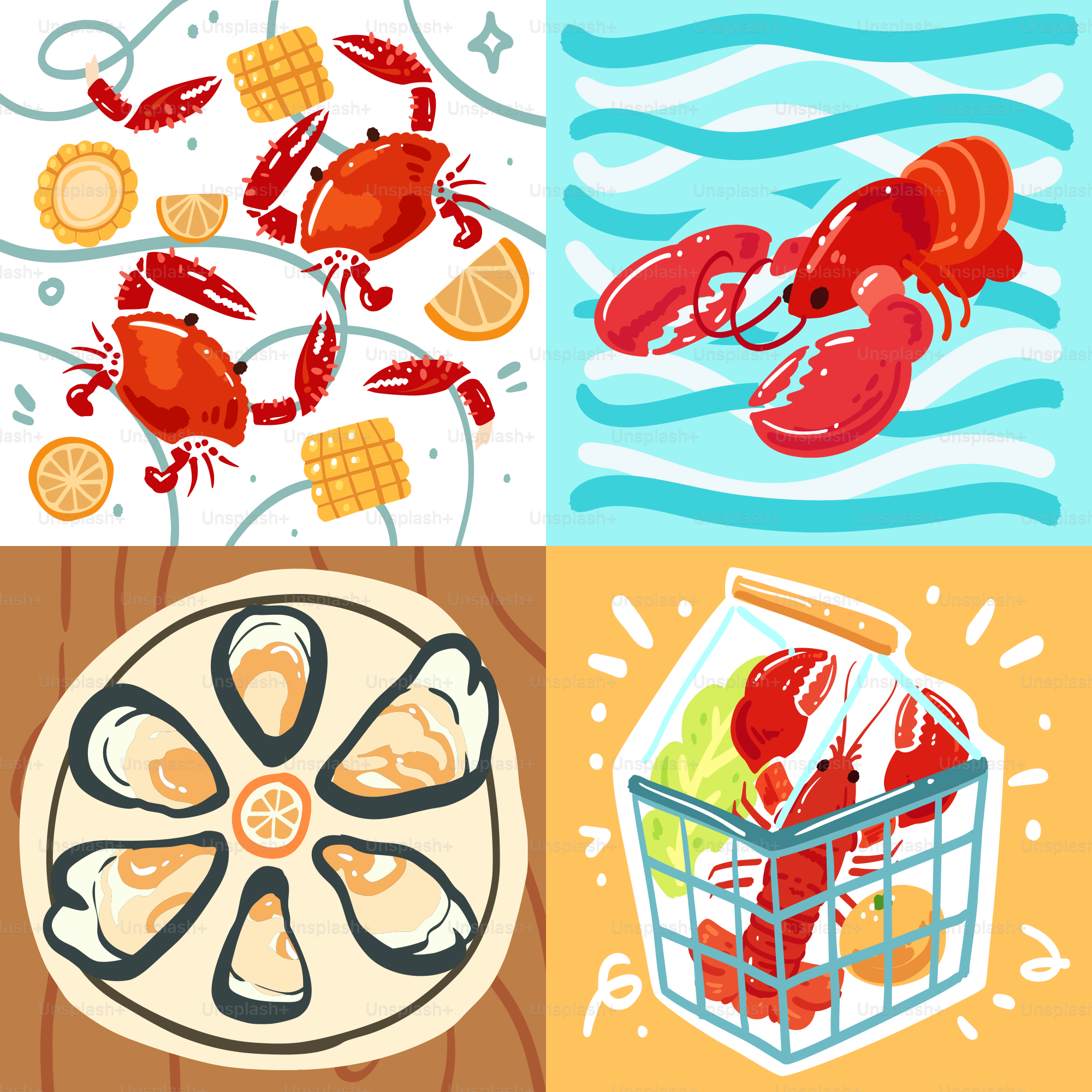 Quatre images différentes de homards dans un panier