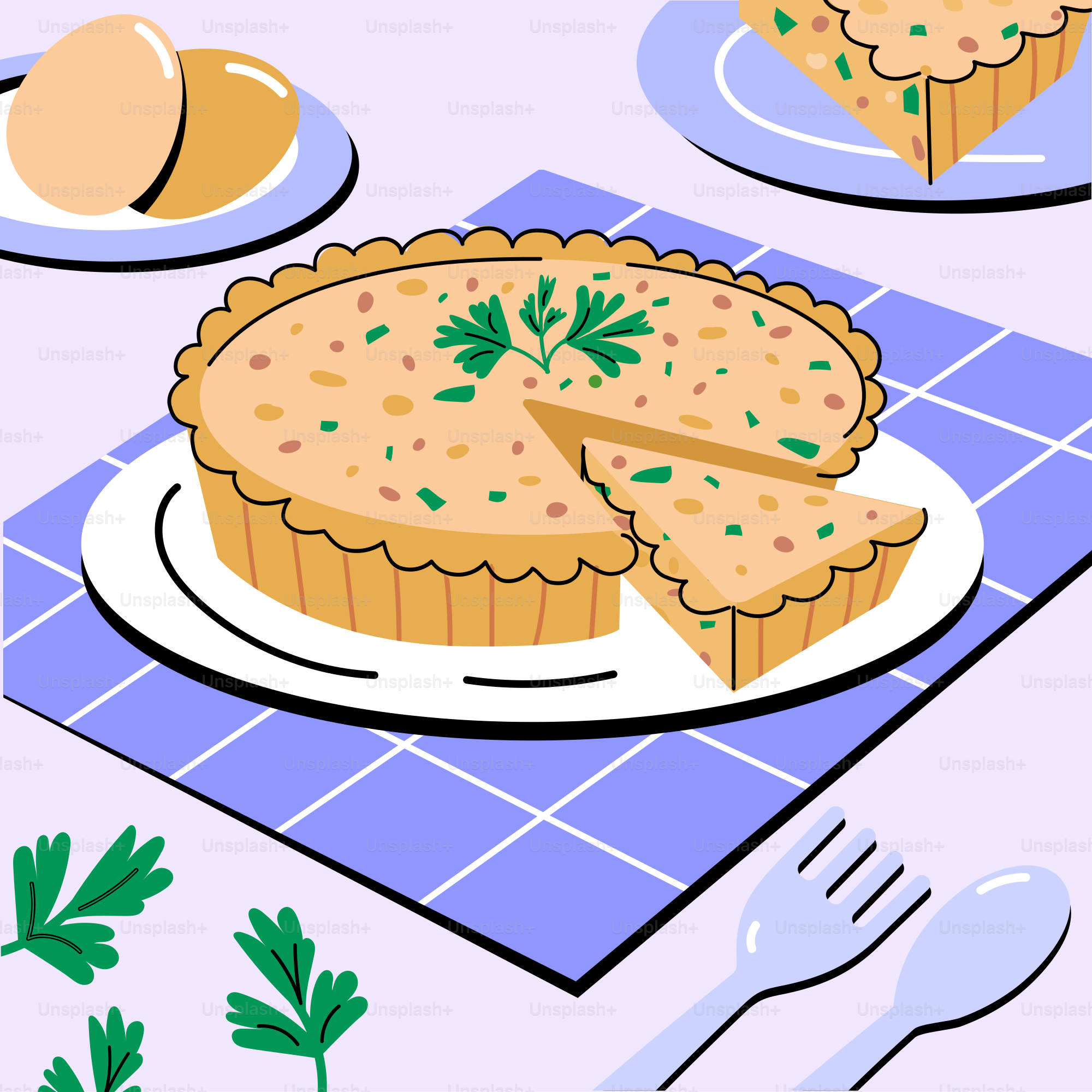 Une table garnie d’une tarte et d’une assiette de nourriture