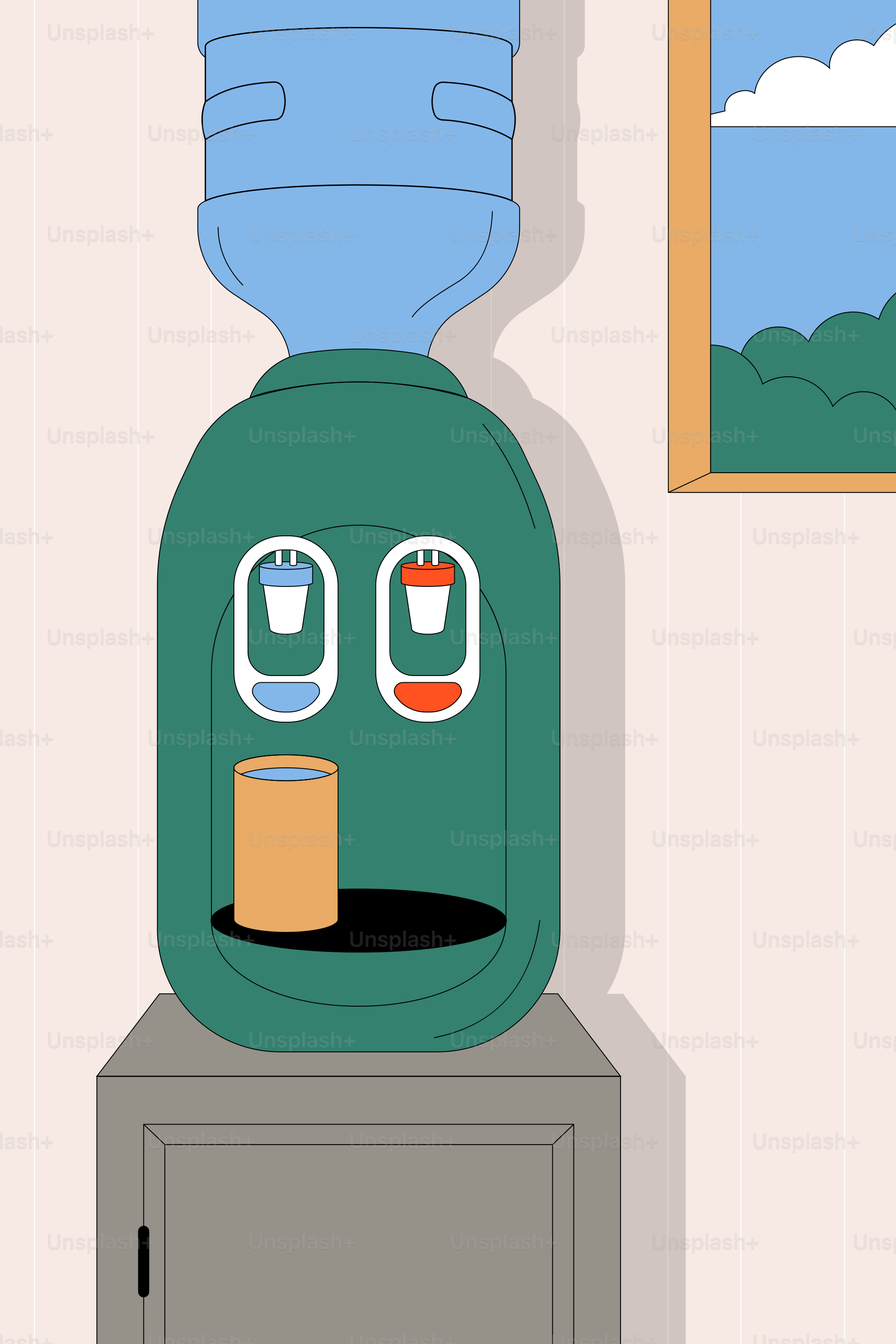 A water dispenser in the corner of a room