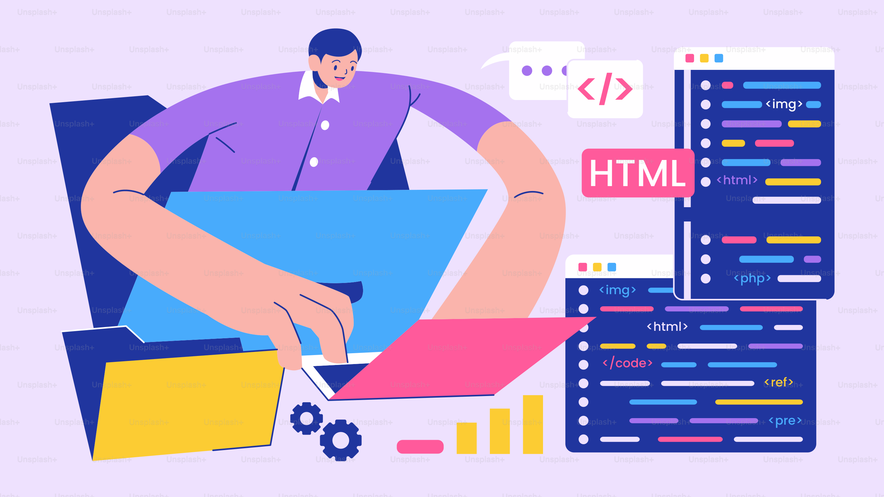 Un uomo che lavora al computer circondato da icone