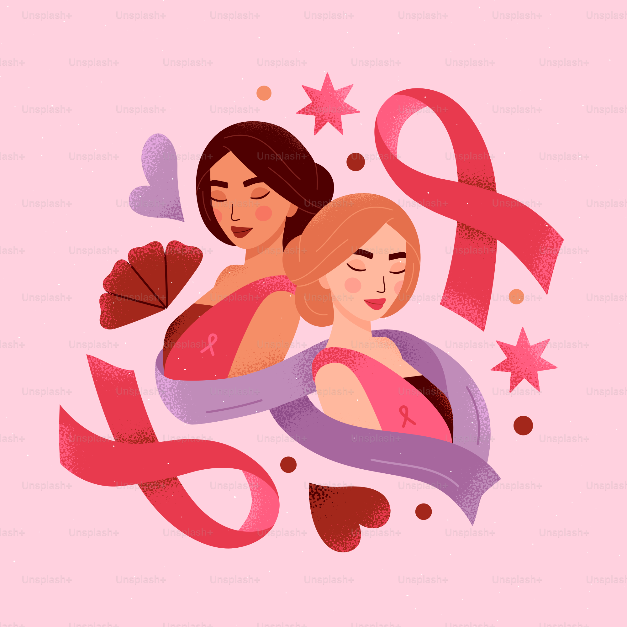 Two women hugging each other with a pink ribbon around them