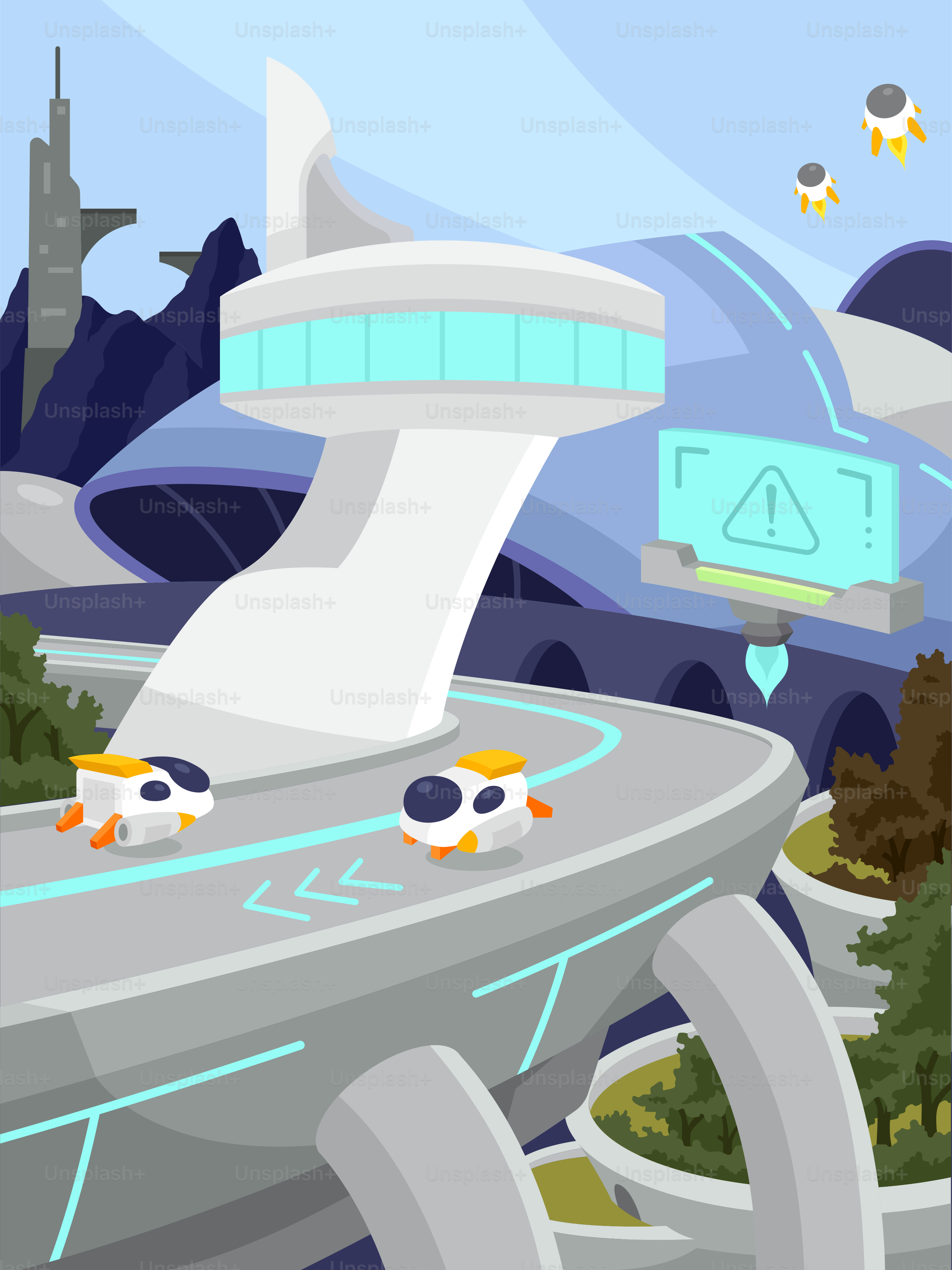 Ein Cartoon einer futuristischen Stadt, in der Vögel herumfliegen