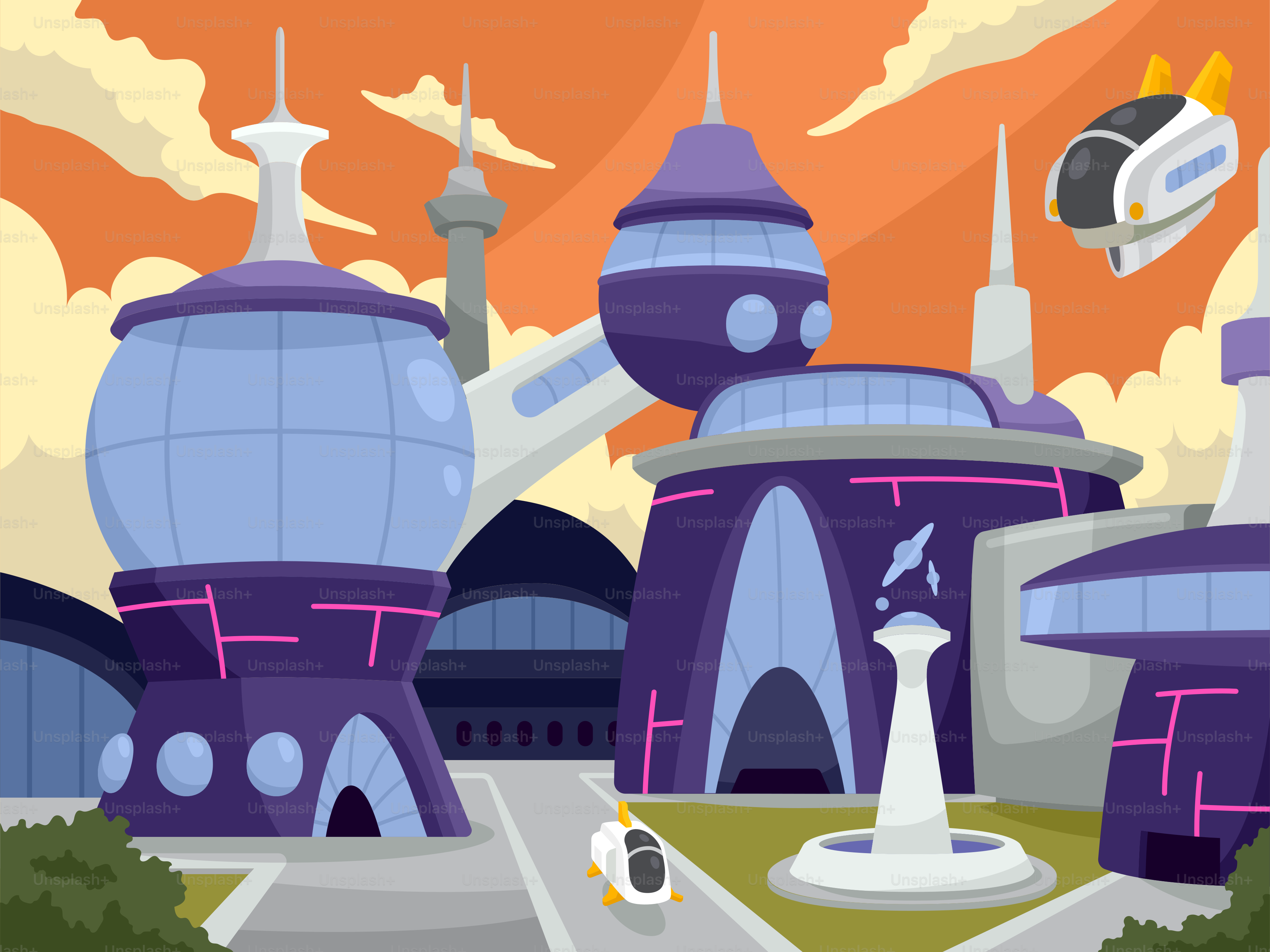 Ein Cartoon-Bild einer futuristischen Stadt mit einer Rakete
