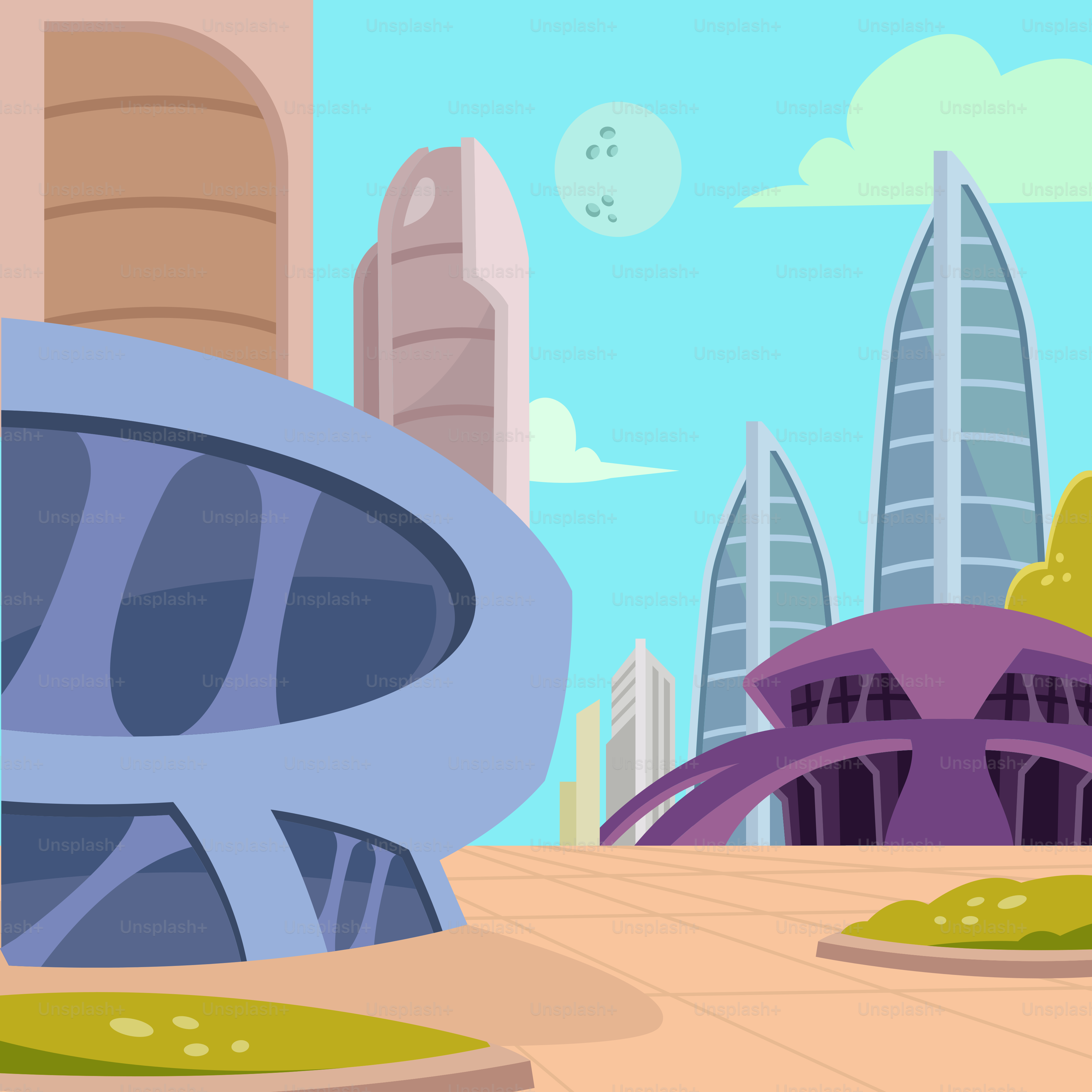 Eine Cartoon-Szene einer Stadt mit Gebäuden im Hintergrund