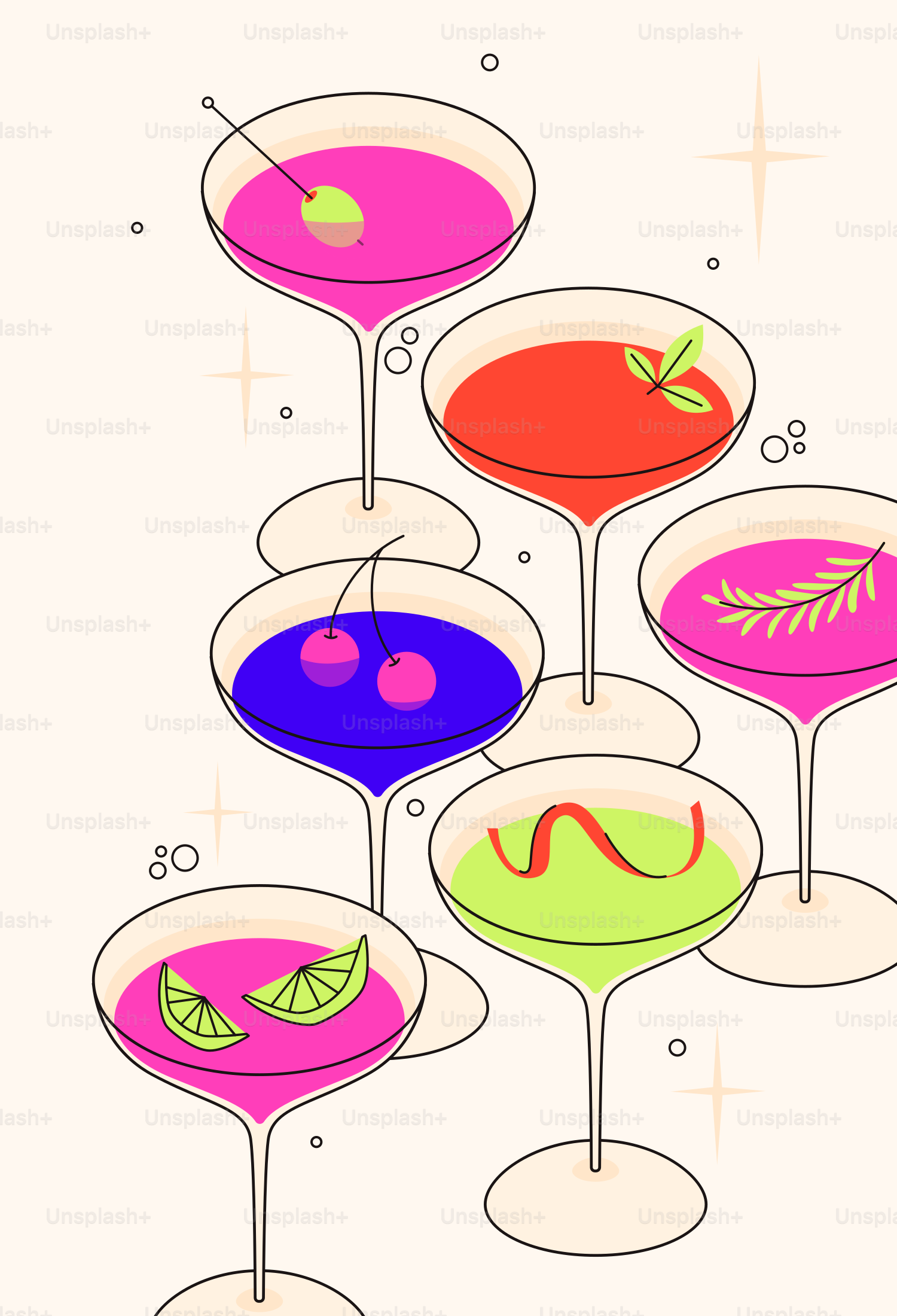 Un montón de vasos con diferentes bebidas