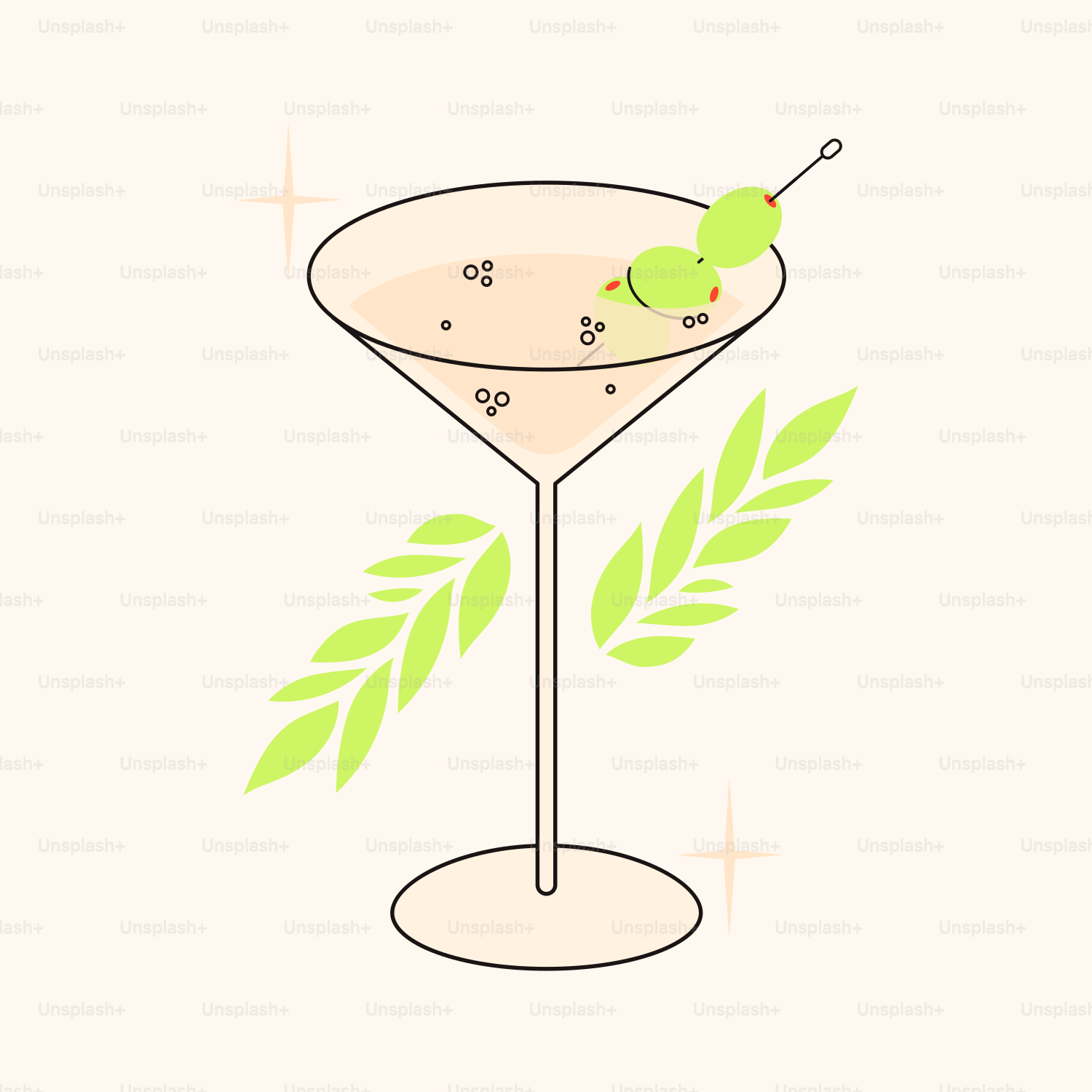 A martini glass with a green olive garnish