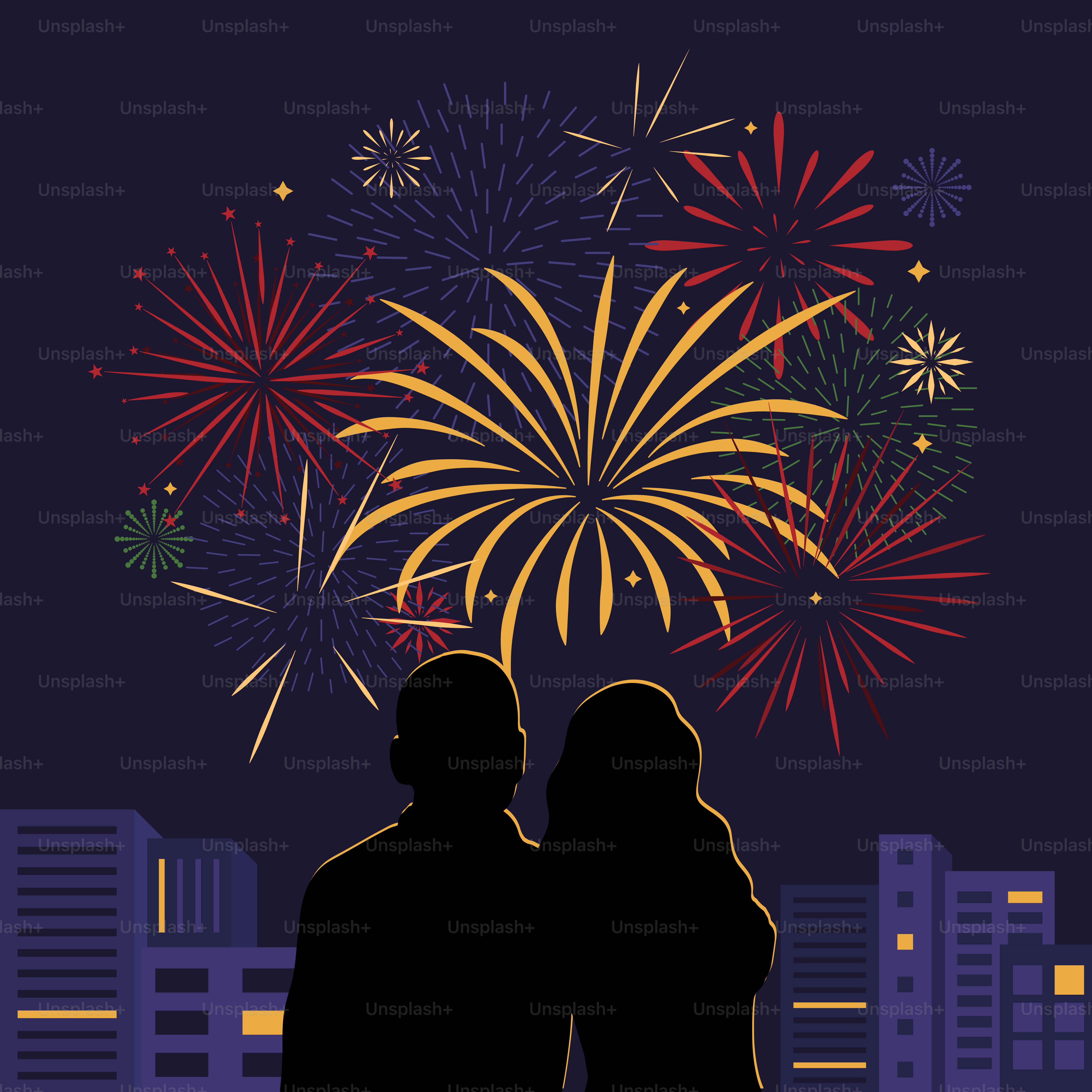 花火の前に立つ二人の人物