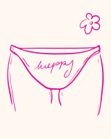 A drawing of a underwear with the words happy written on it
