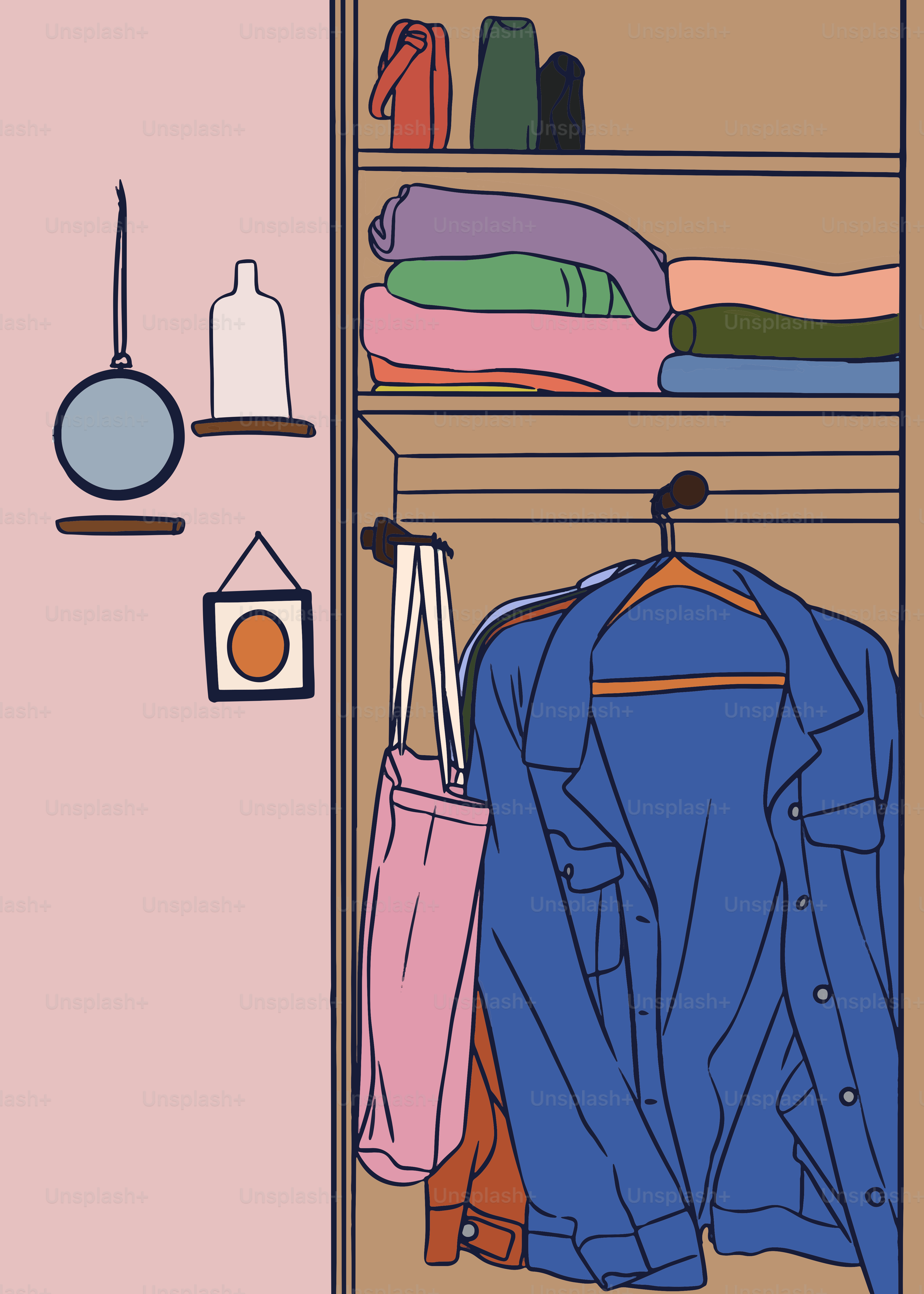 A closet filled with clothes and a suitcase