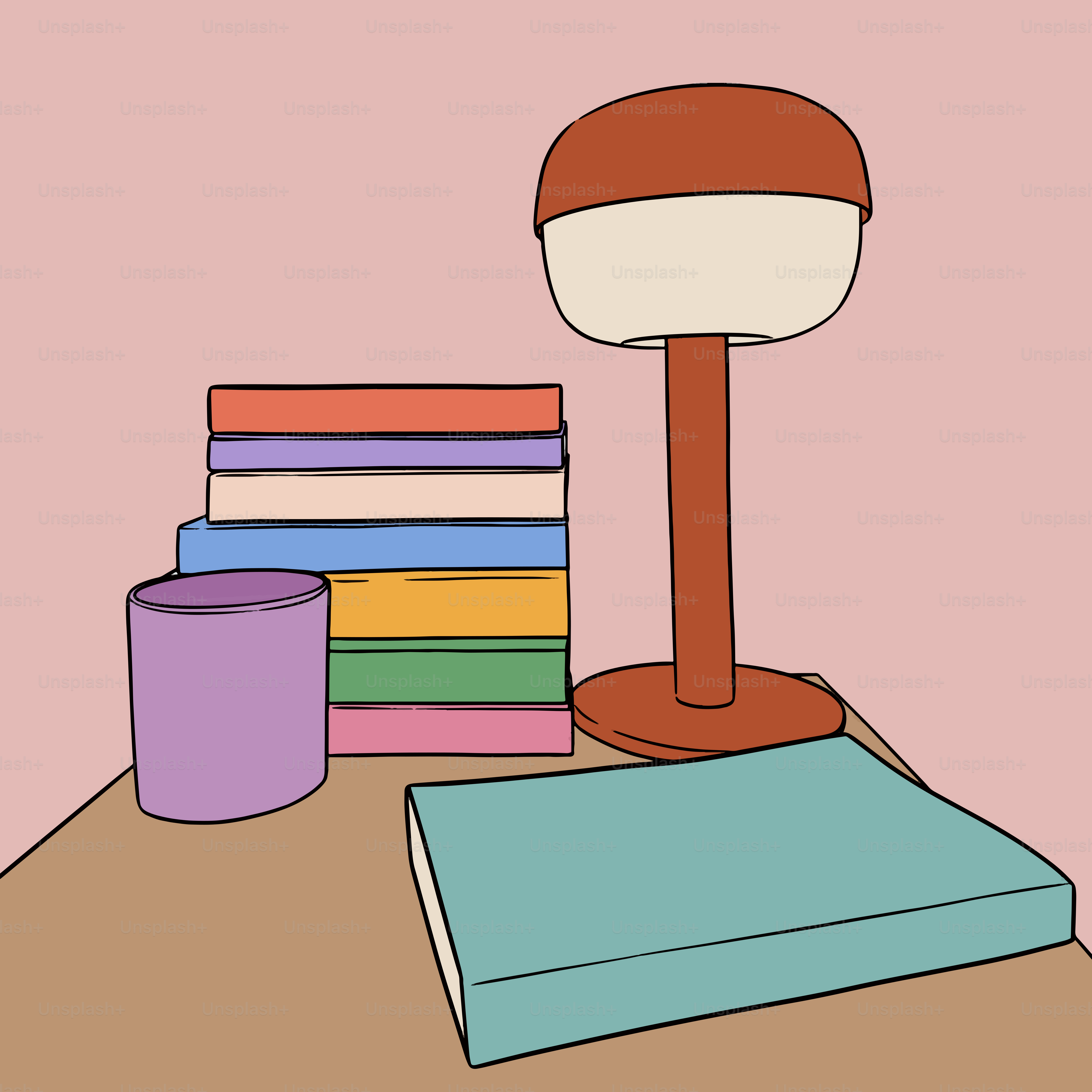 Eine Karikatur eines Tisches mit einer Lampe und einem Stapel Bücher