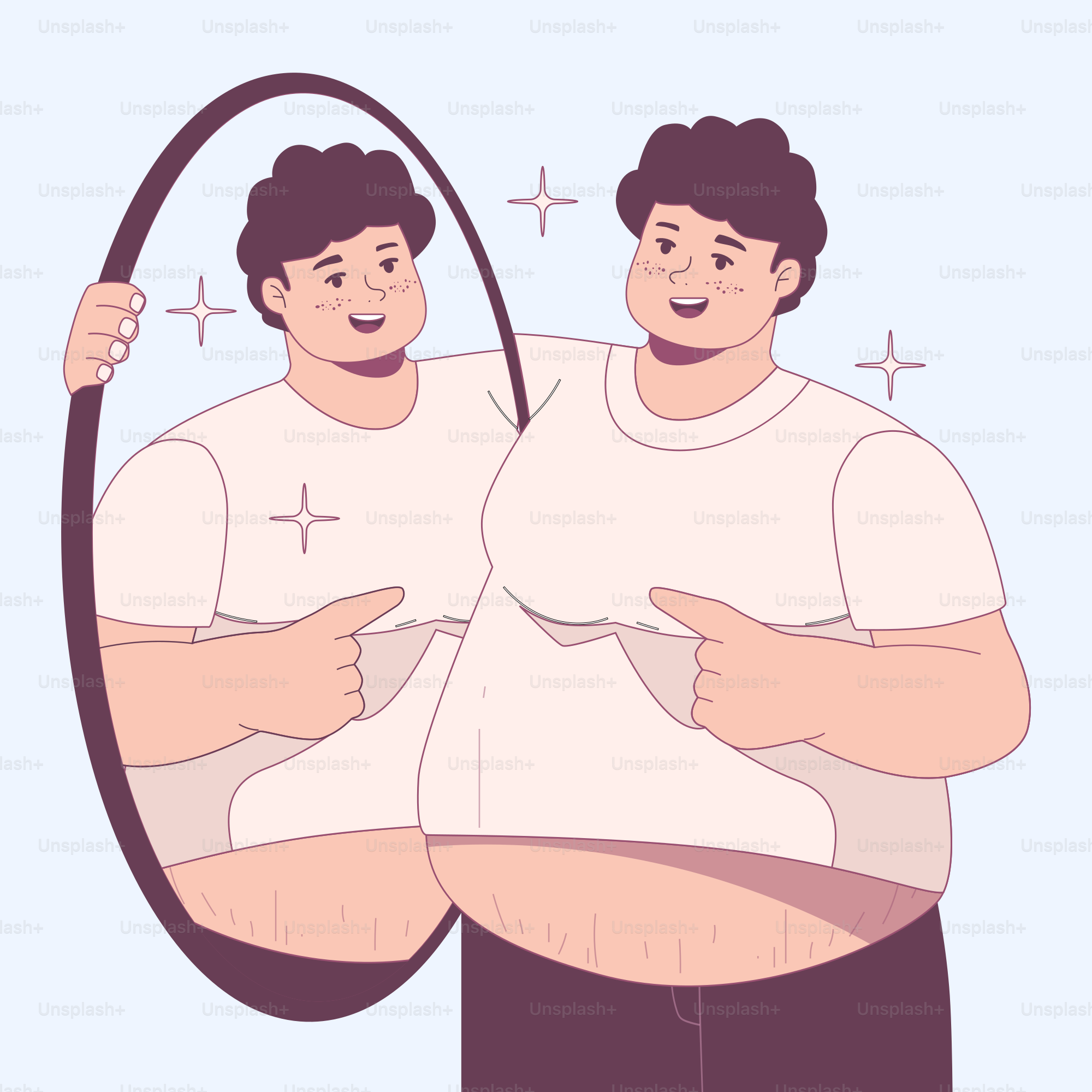 A couple of men standing in front of a mirror