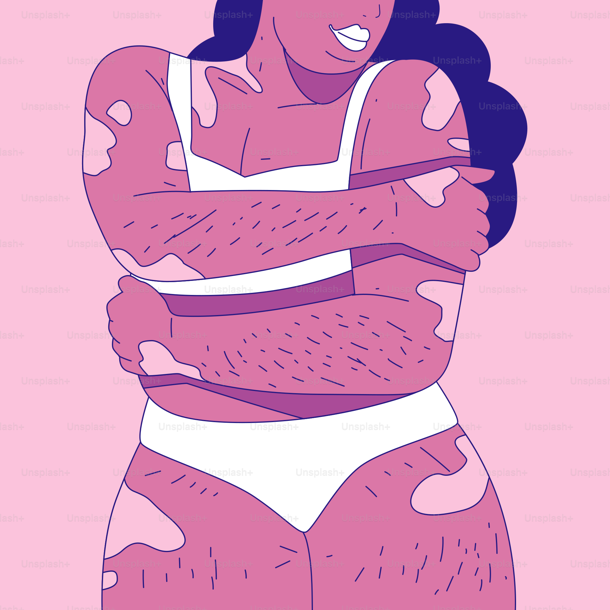 A woman in a pink and white bathing suit with her arms crossed