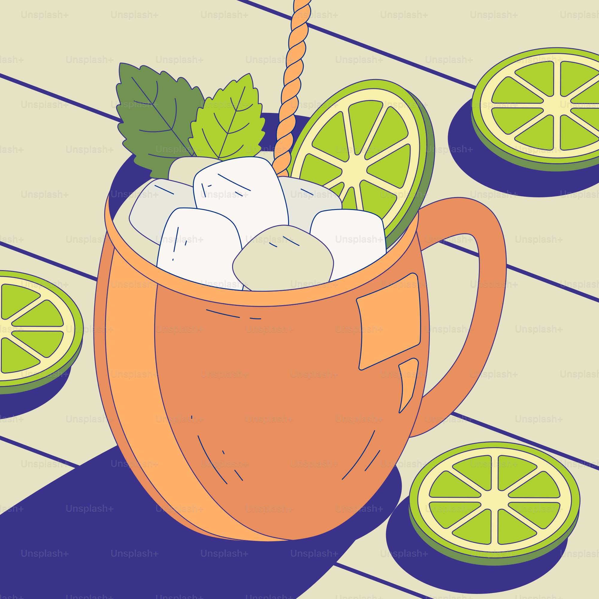 A mug filled with ice and lime slices