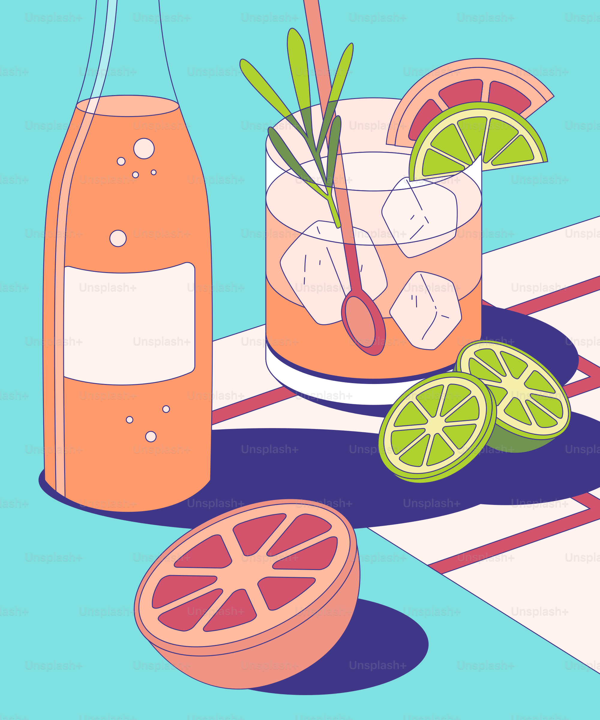 Une bouteille de vin, un verre de limonade et une tranche de citron vert