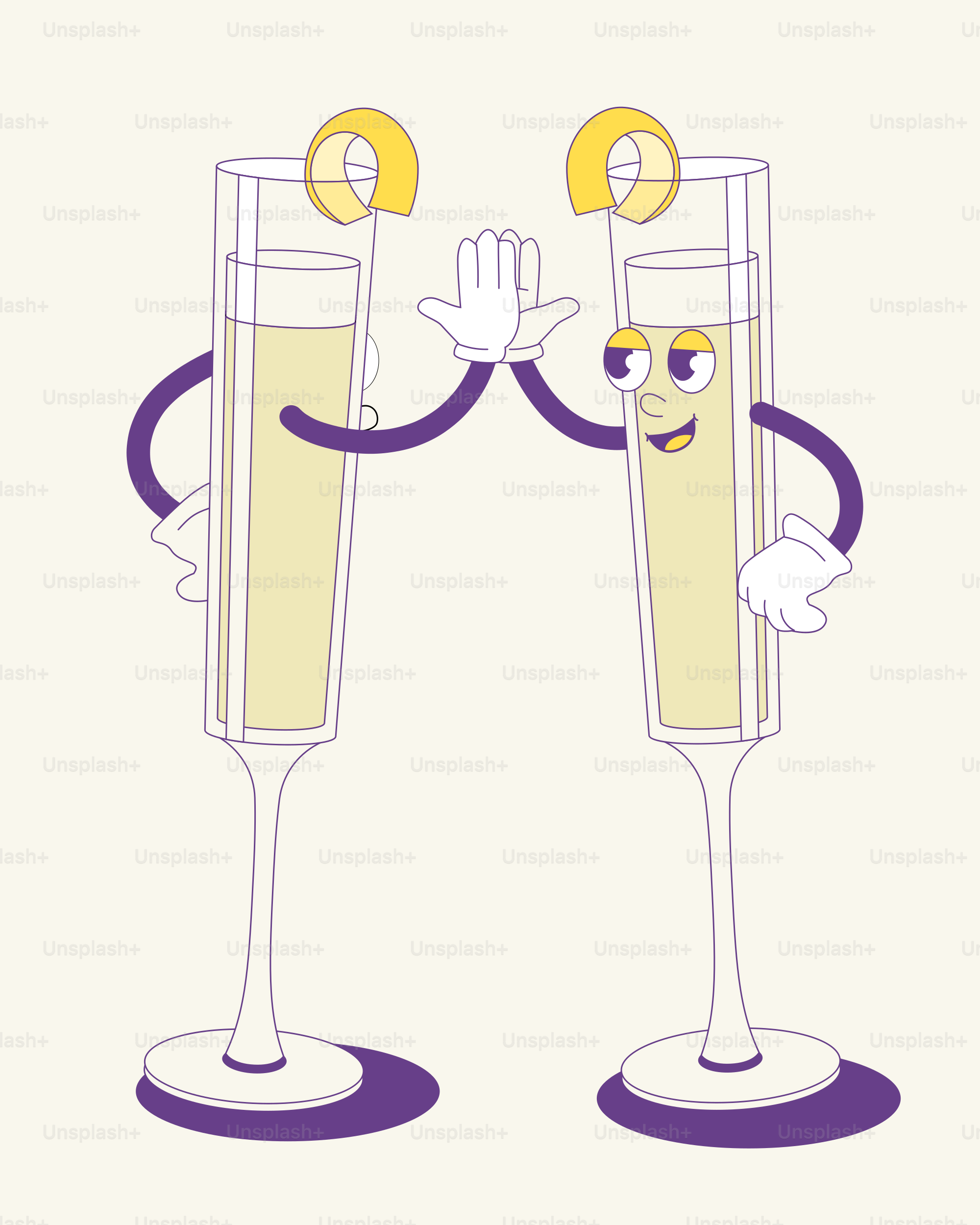 Due bicchieri di champagne con facce disegnate su di essi