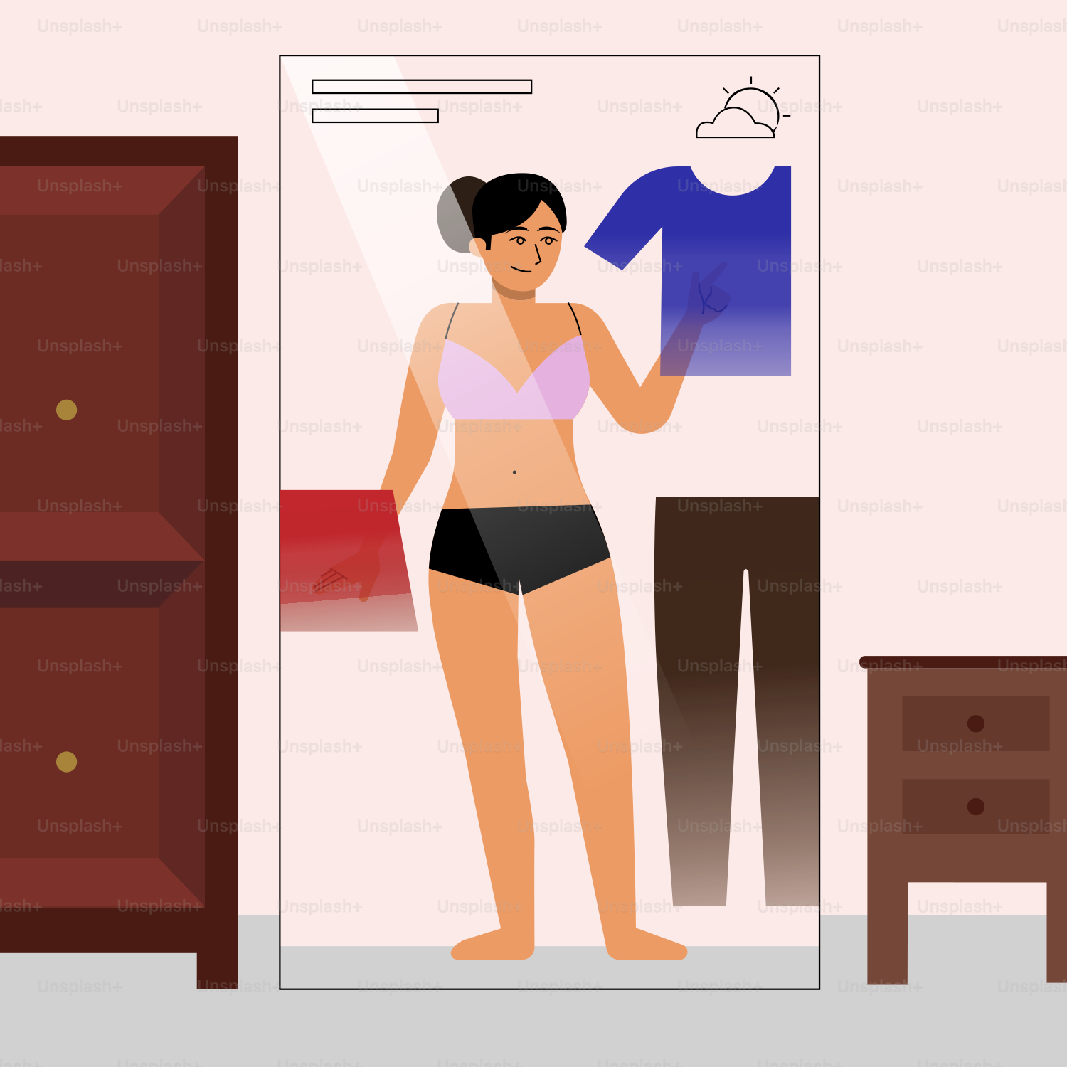 A woman standing in front of a mirror in a room