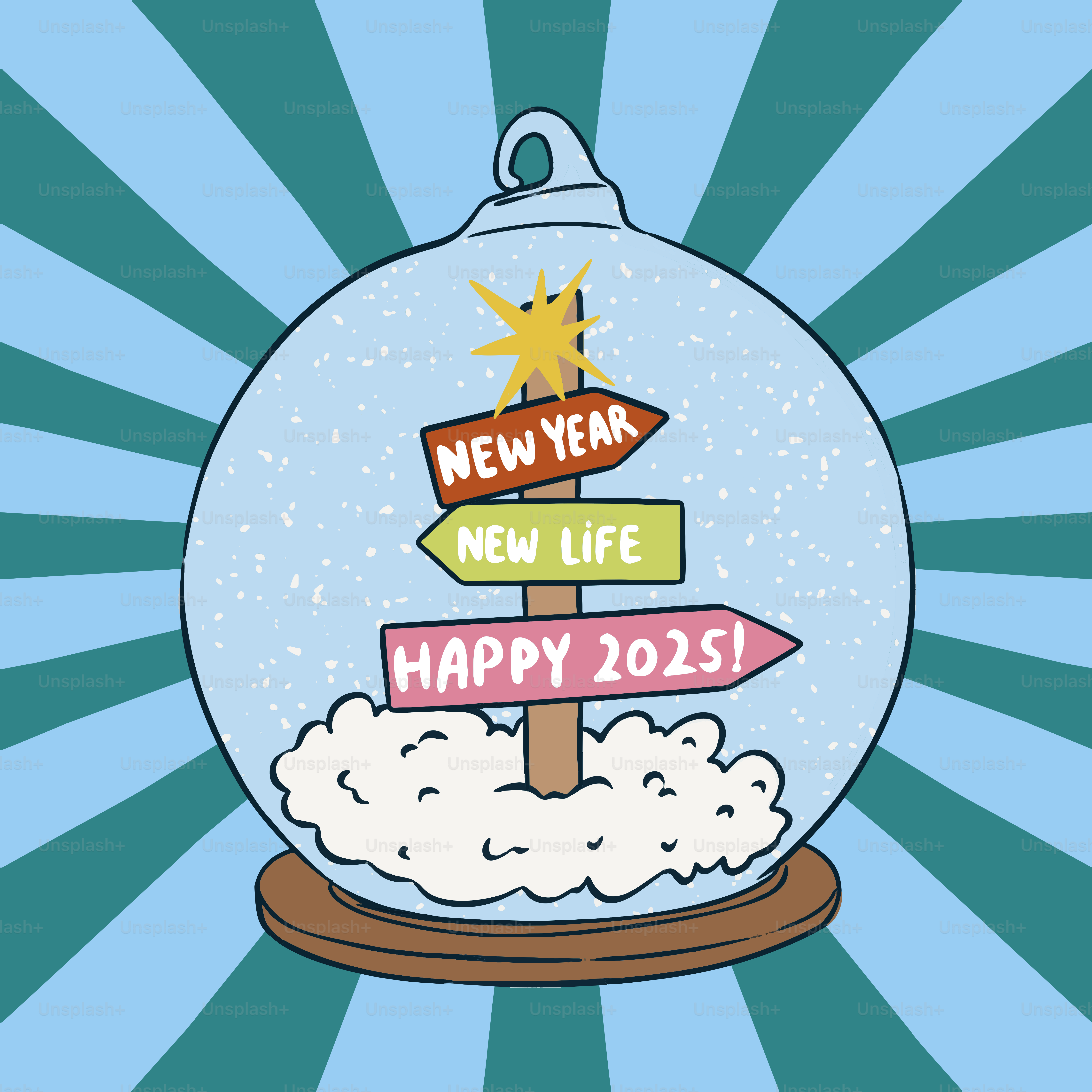 Eine Schneekugel mit einem Schild mit der Aufschrift "Frohes Neues Jahr"