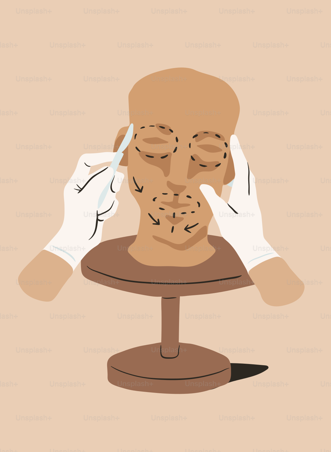 A drawing of a man's face with a pair of gloves on his head