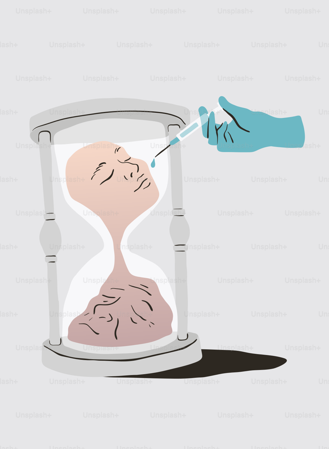 A hand is holding a needle to an hourglass