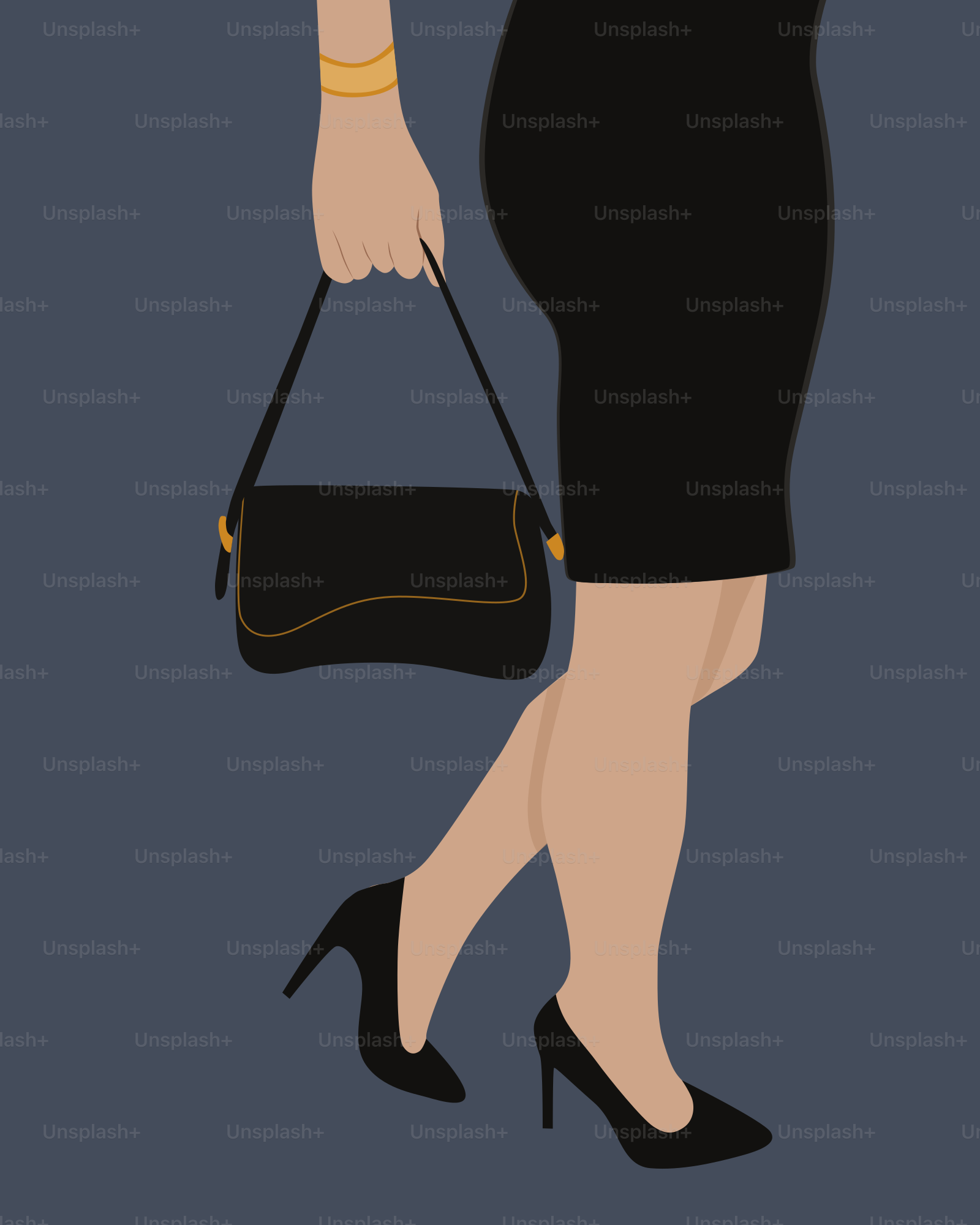 Eine Frau in einem schwarzen Kleid mit einer schwarzen Handtasche in der Hand