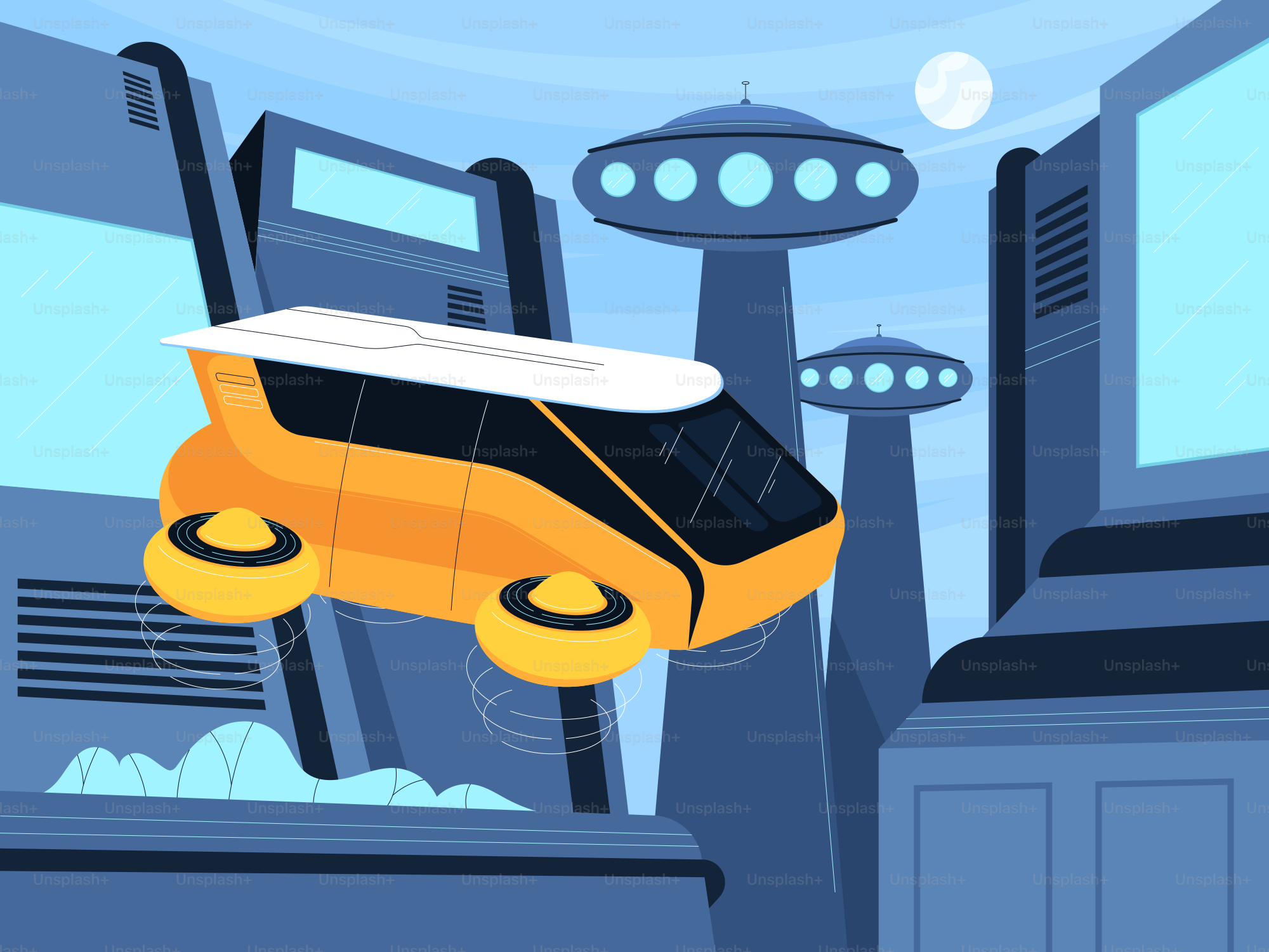 Ein gelber Bus, der über einer Stadt durch die Luft fliegt