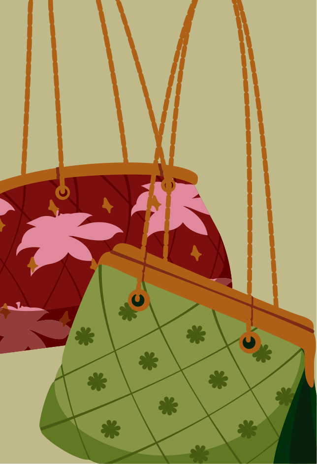 벽에 끈에 매달린 두 개의 지갑