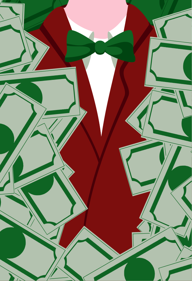 A man in a suit and bow tie surrounded by money